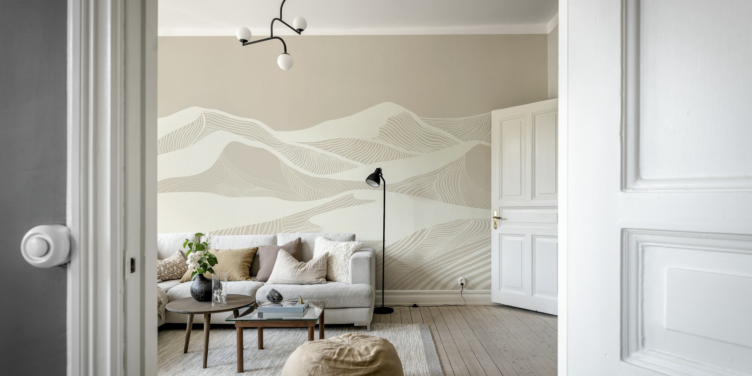 Vintage Mountains Line Art papel tapiz en una habitación