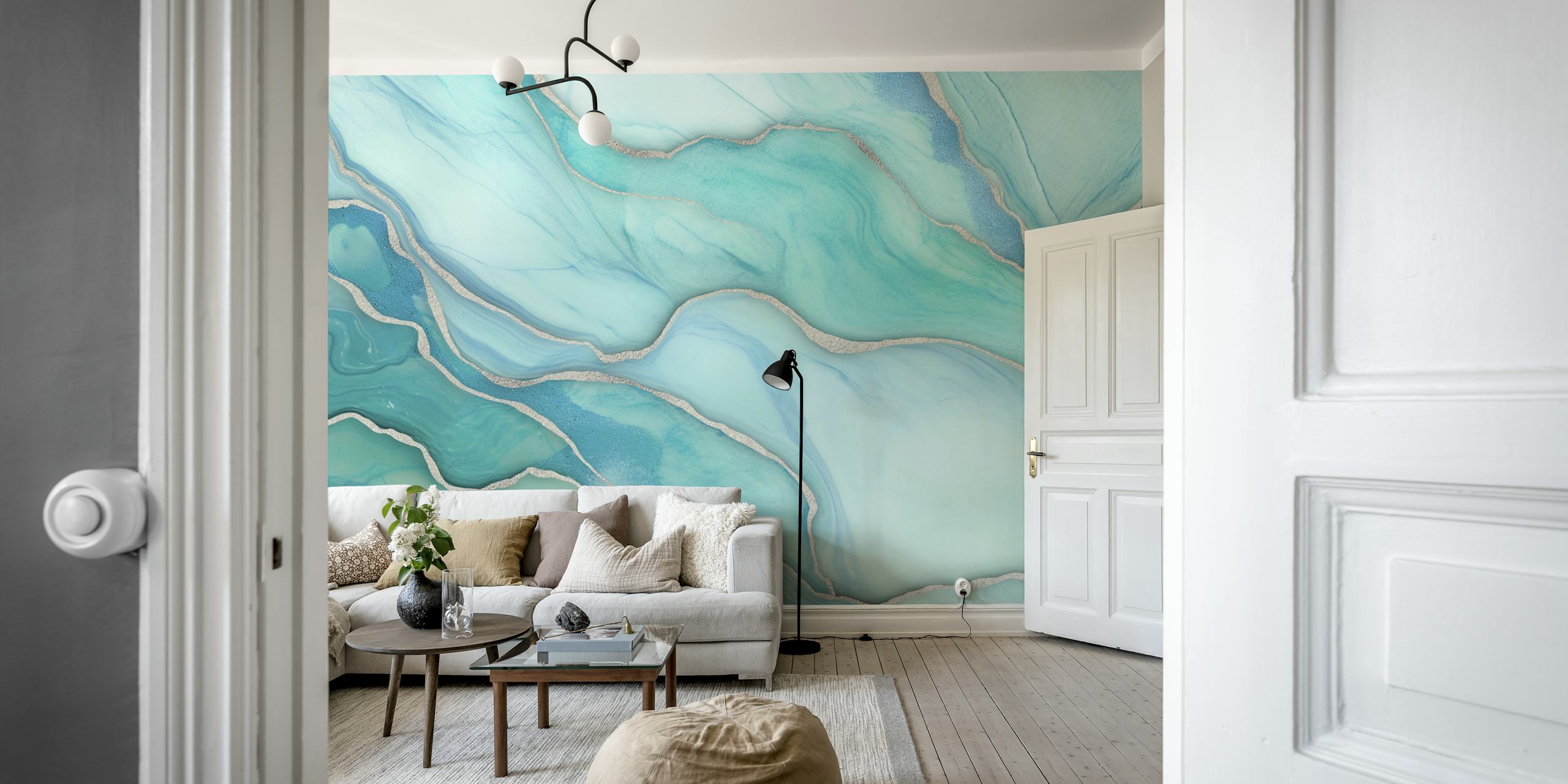 Aqua turquoise marble wallpaper in soft waves with gold accents