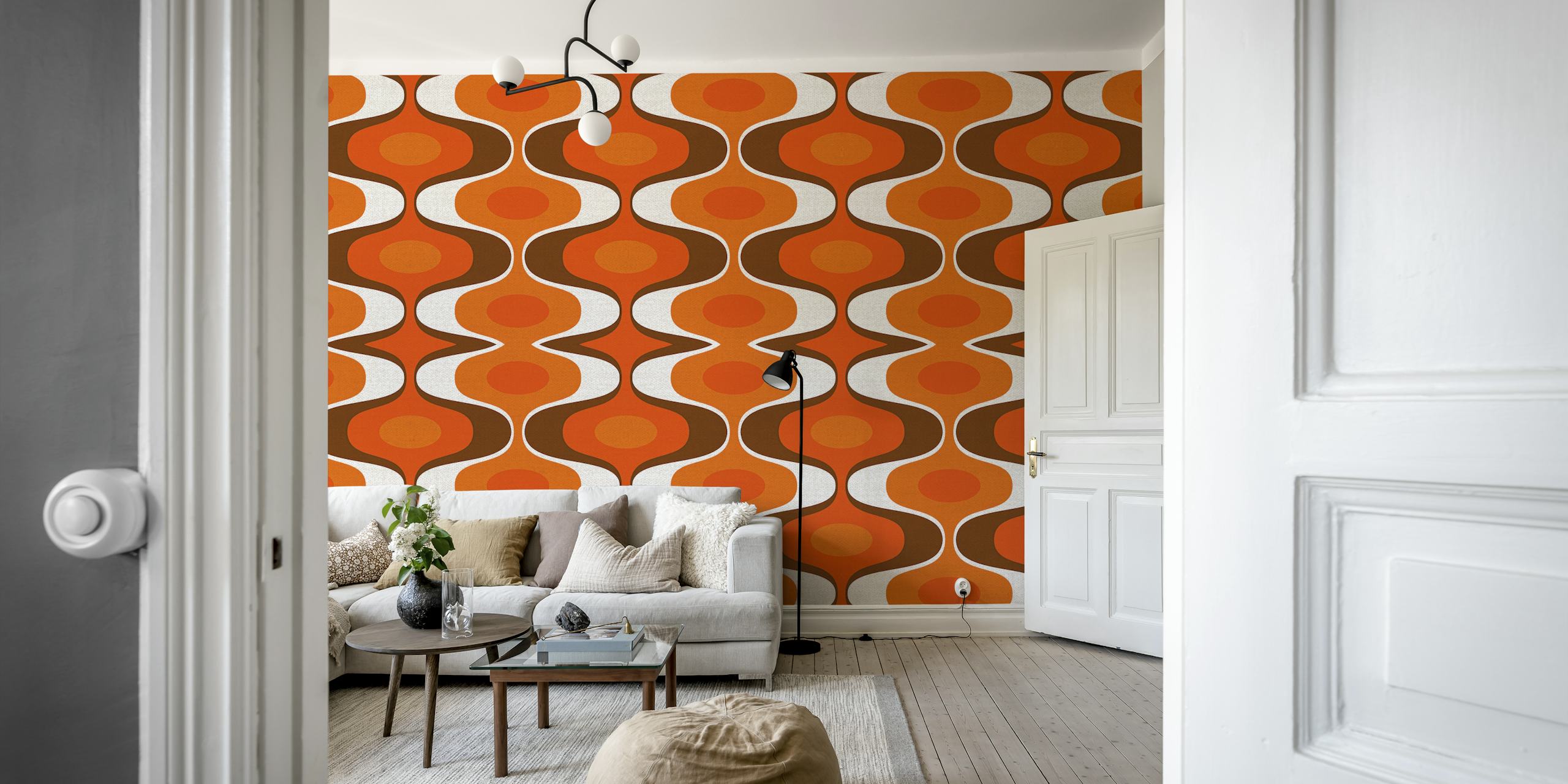 Vintage-inspired wall mural with a 70s retro groovy pattern in orange and brown colors.