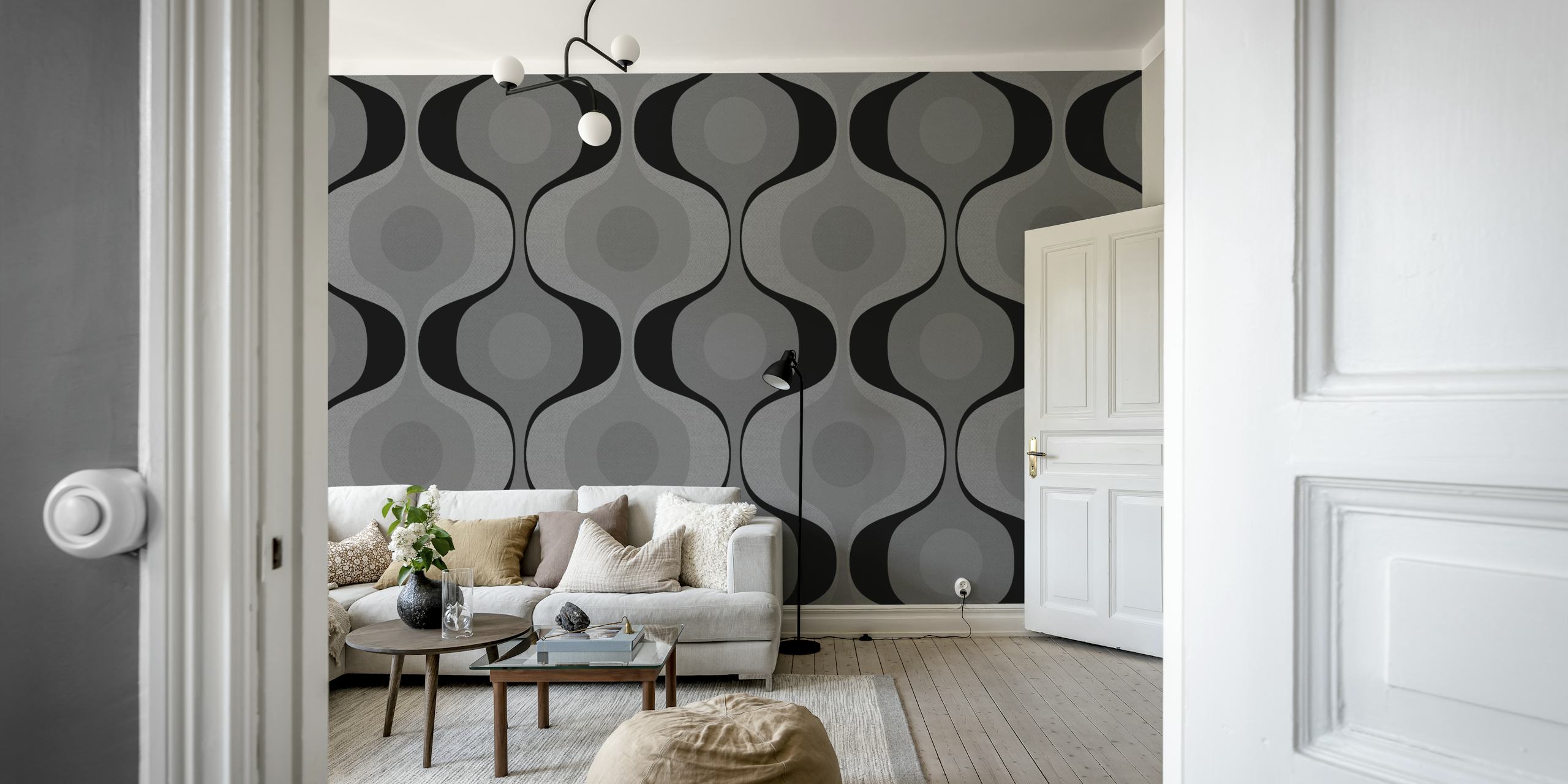 Mid century modern wallpaper featuring black and gray wavy patterns with circular accents
