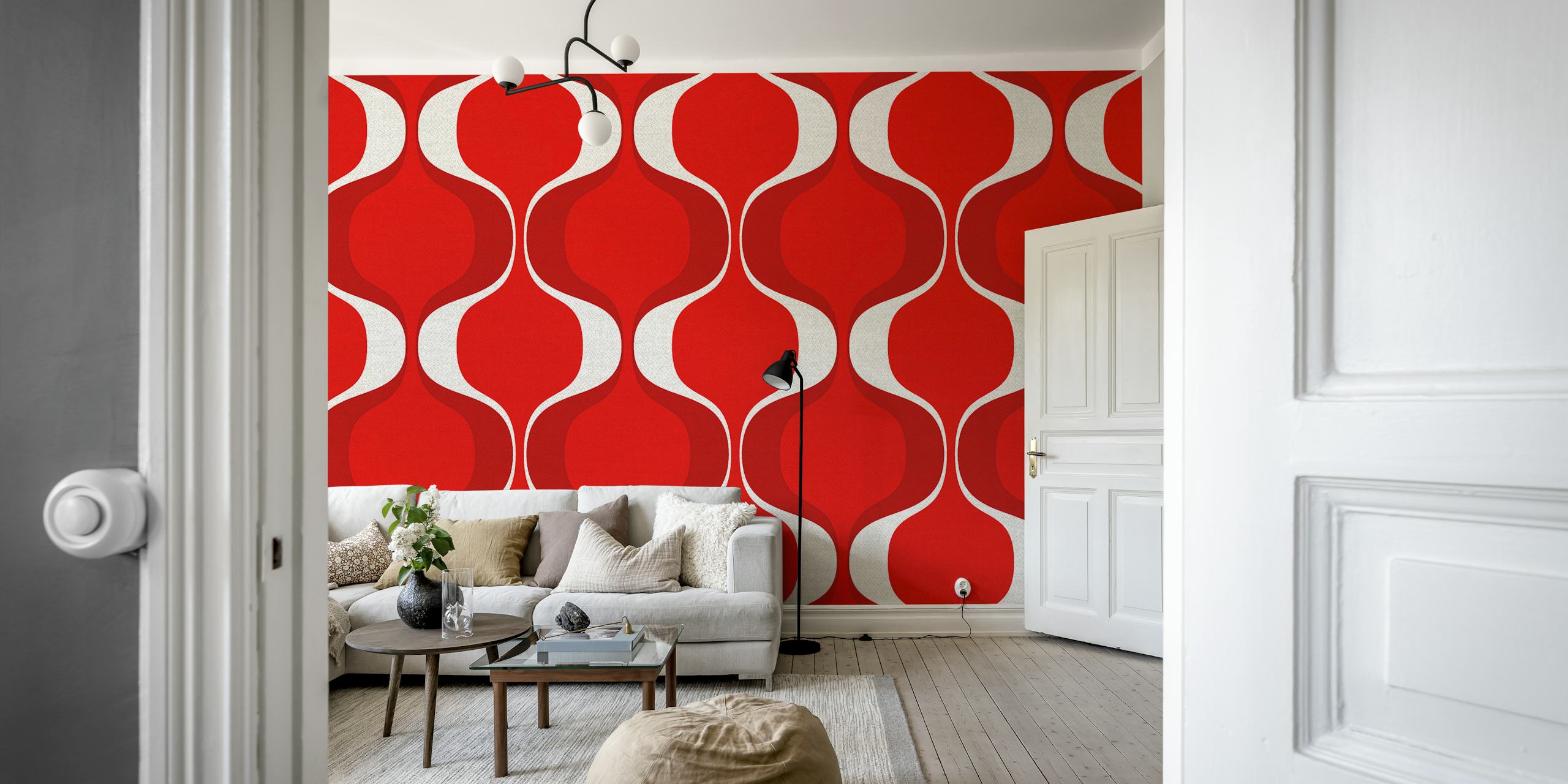 papel pintado Retro 70s Funky Red Geo en una habitación