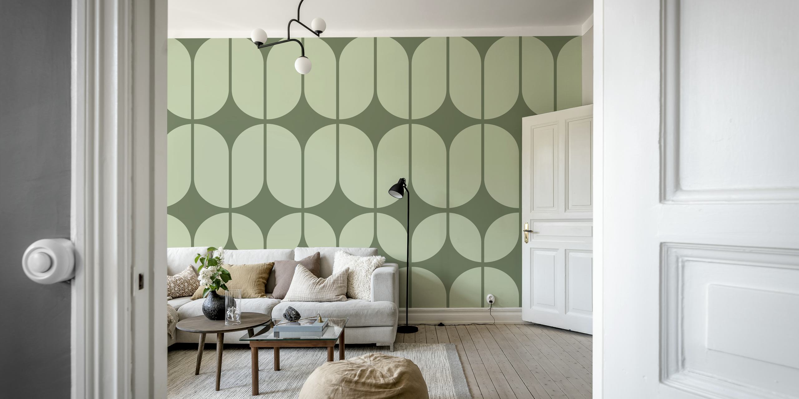 Papel de parede Sage Bauhaus Art em um ambiente de quarto.