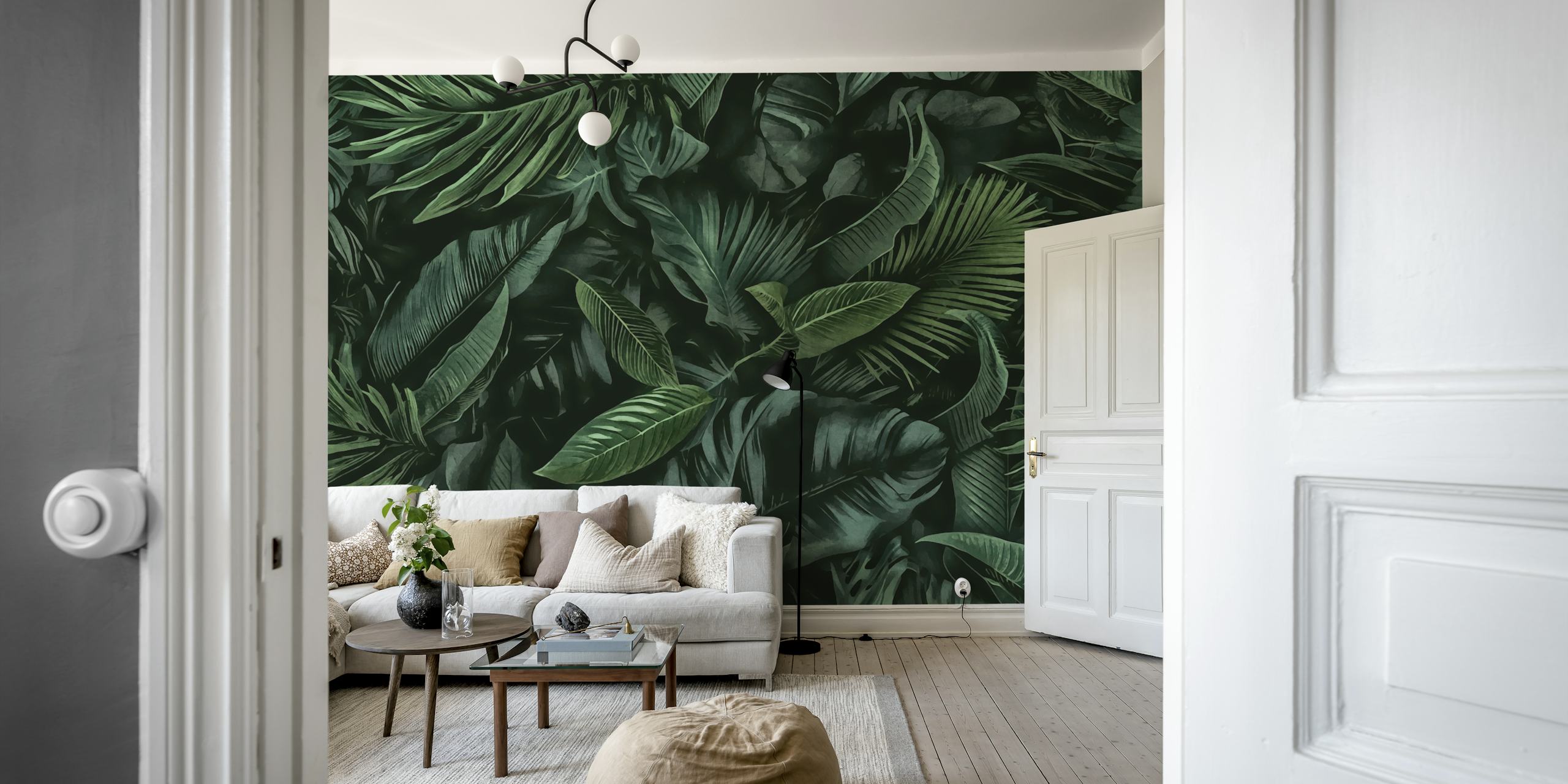 Green jungle wallpaper in a room setting