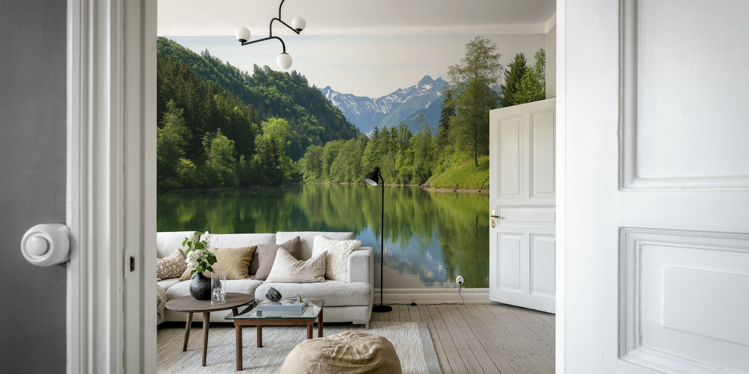 Mountain lake with greenery and reflection wallpaper