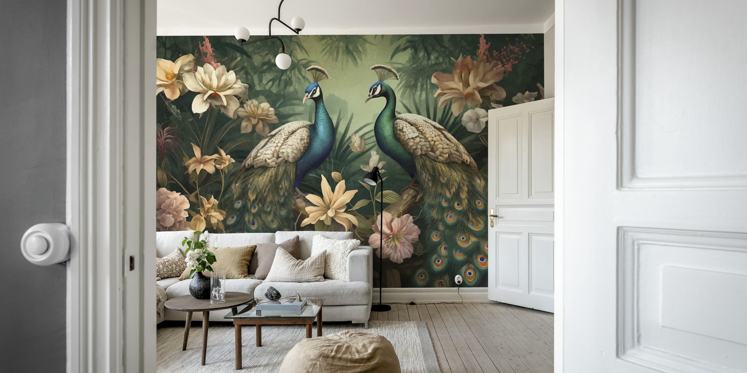 Wall mural of two peacocks in a floral jungle garden with intricate flowers and leaves.