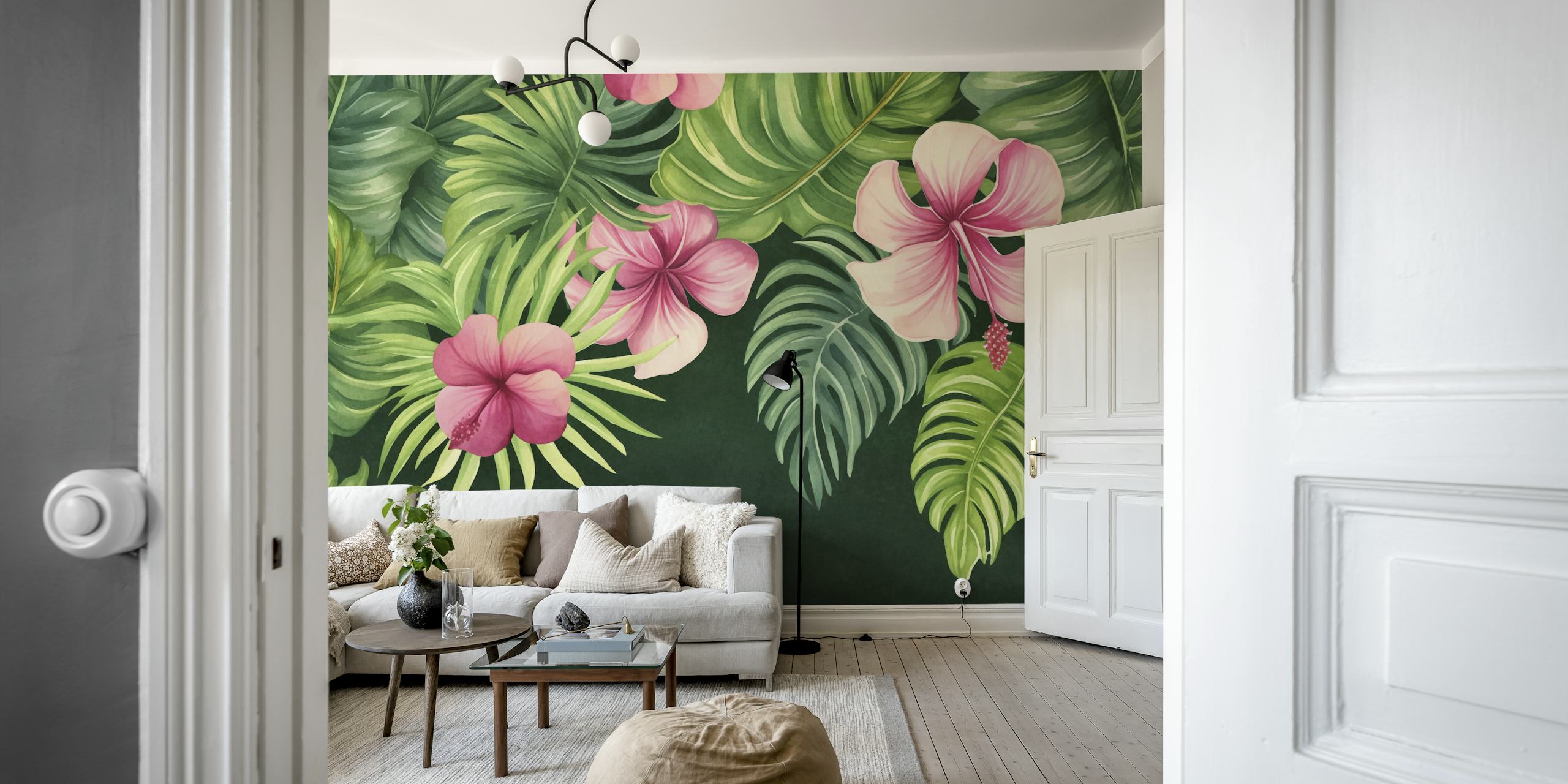 Tropical floral pattern with pink hibiscus and green leaves wallpaper