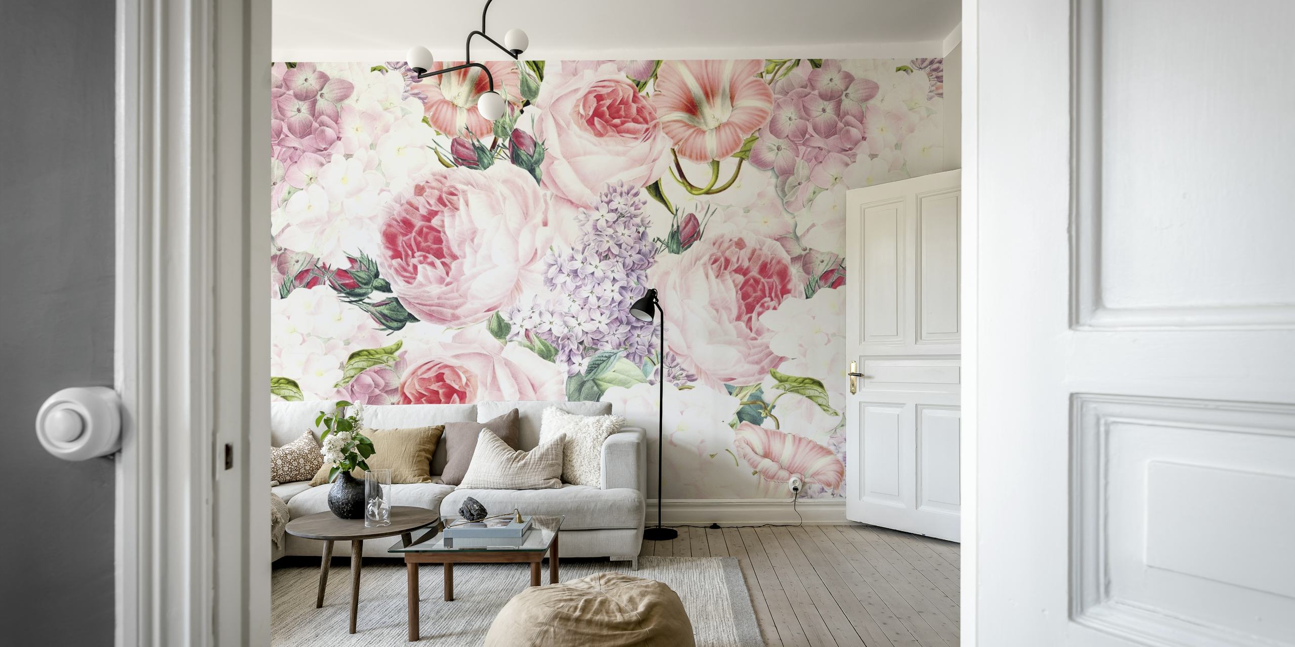 Vintage floral wallpaper with roses and lilacs