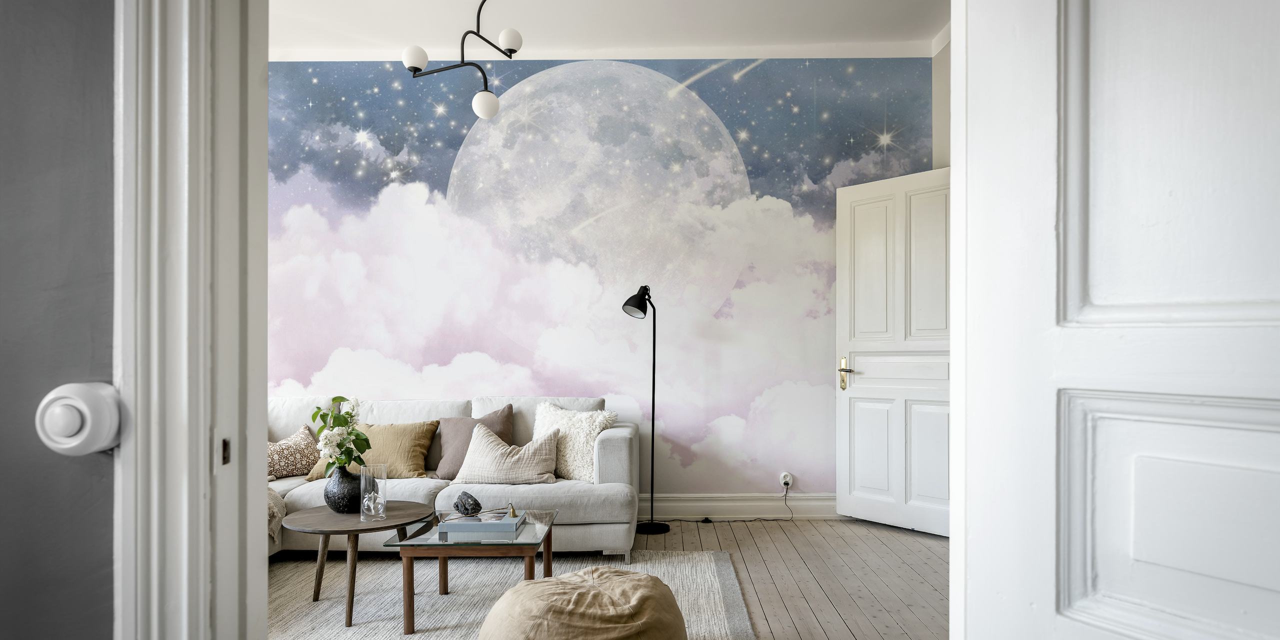 Celestial Full Moon wall mural with pink and blue clouds