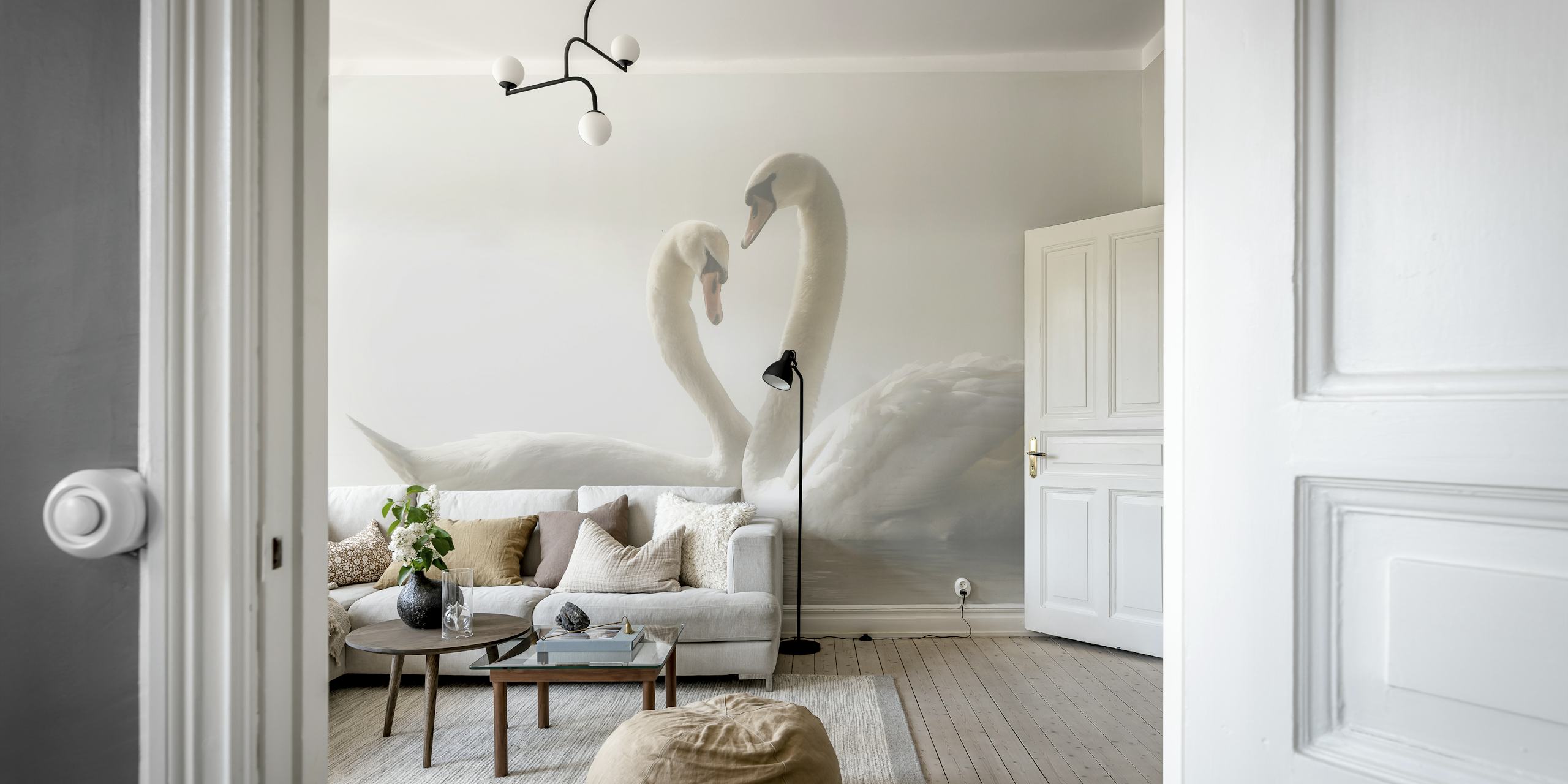 Two white swans in a misty setting, soft colors wallpaper