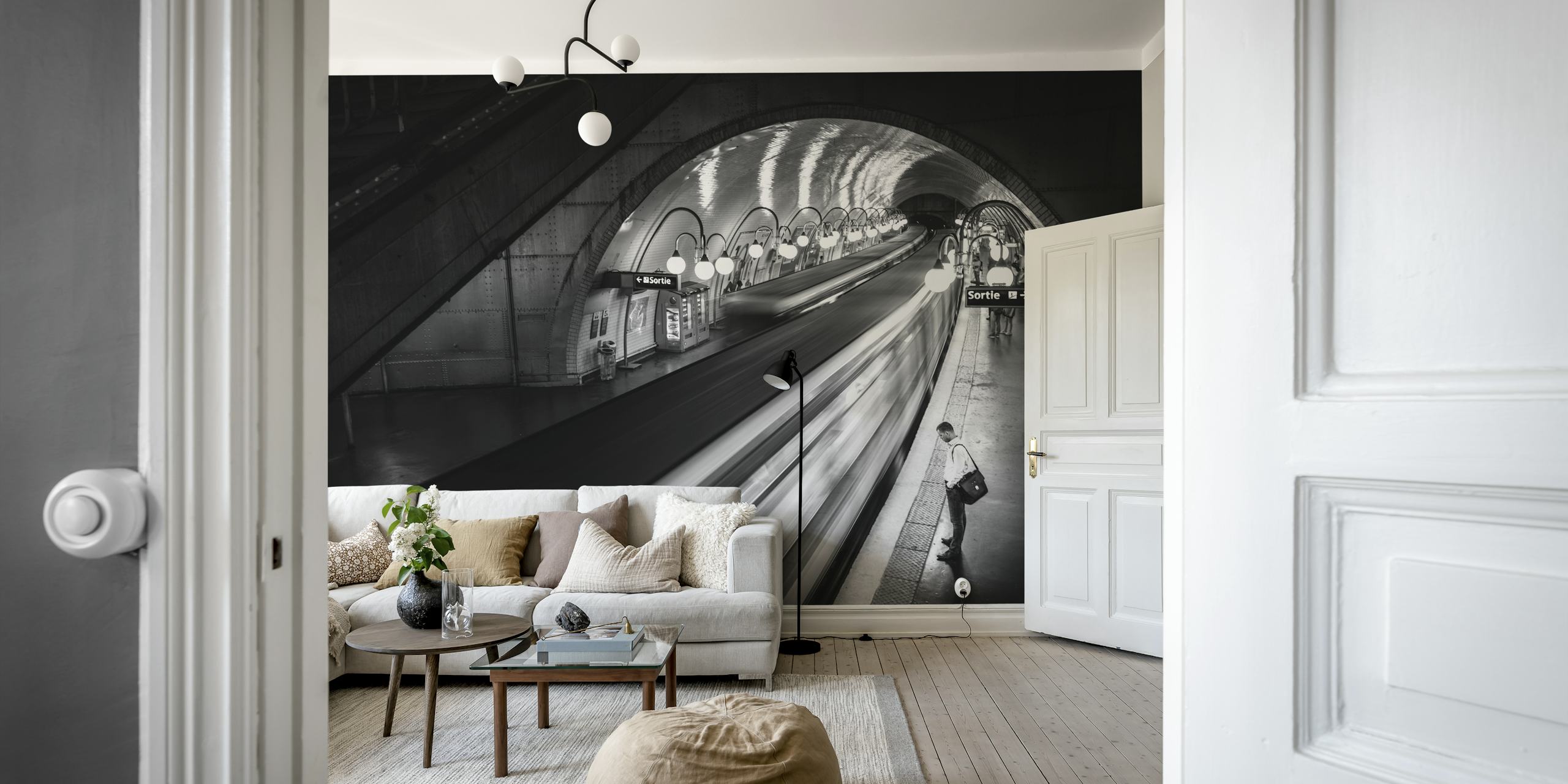 Black and white Paris Metro subway scene wallpaper