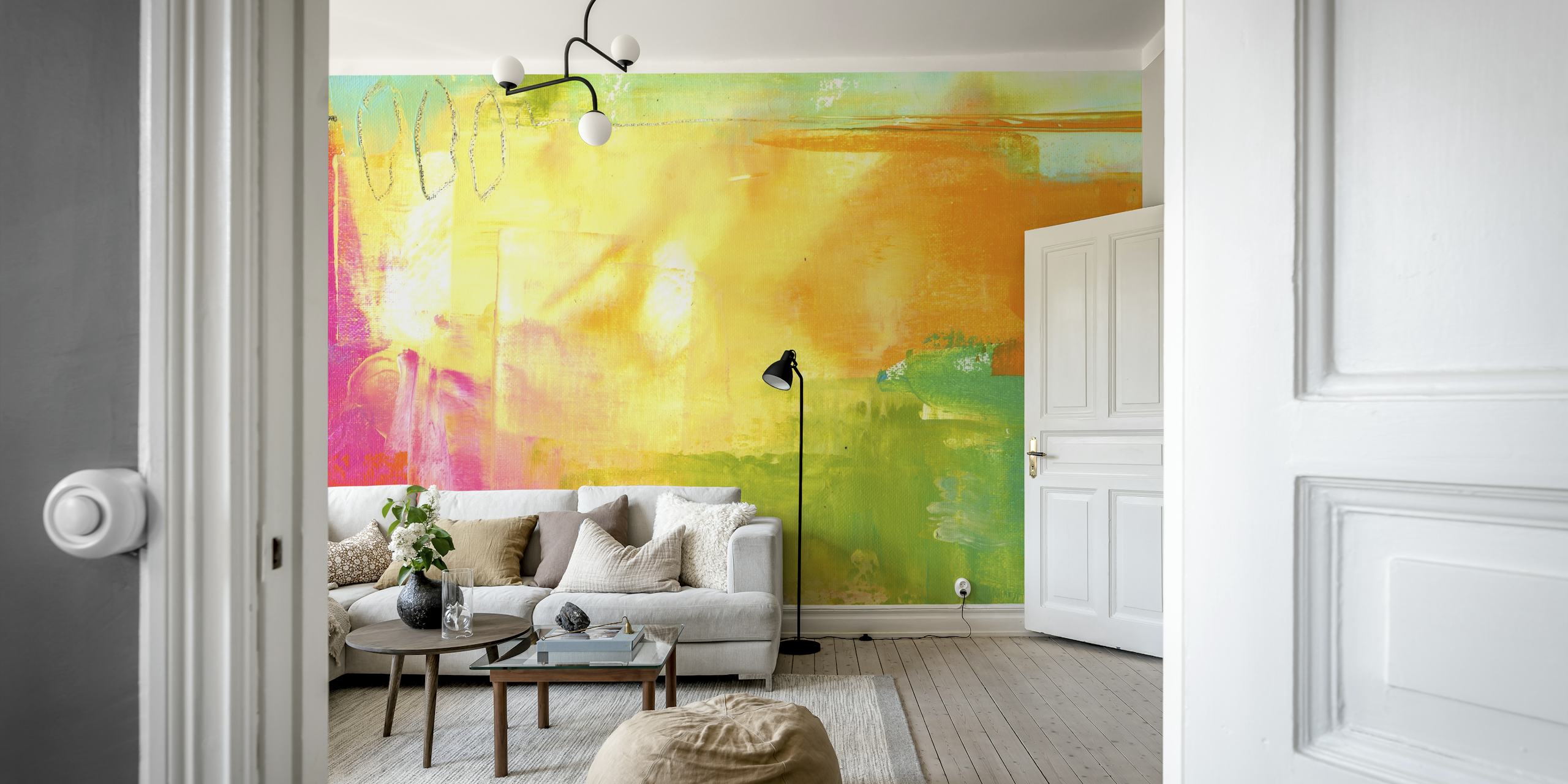 Abstract wallpaper featuring warm colors including yellow, green, and pink in a colorful, dynamic style