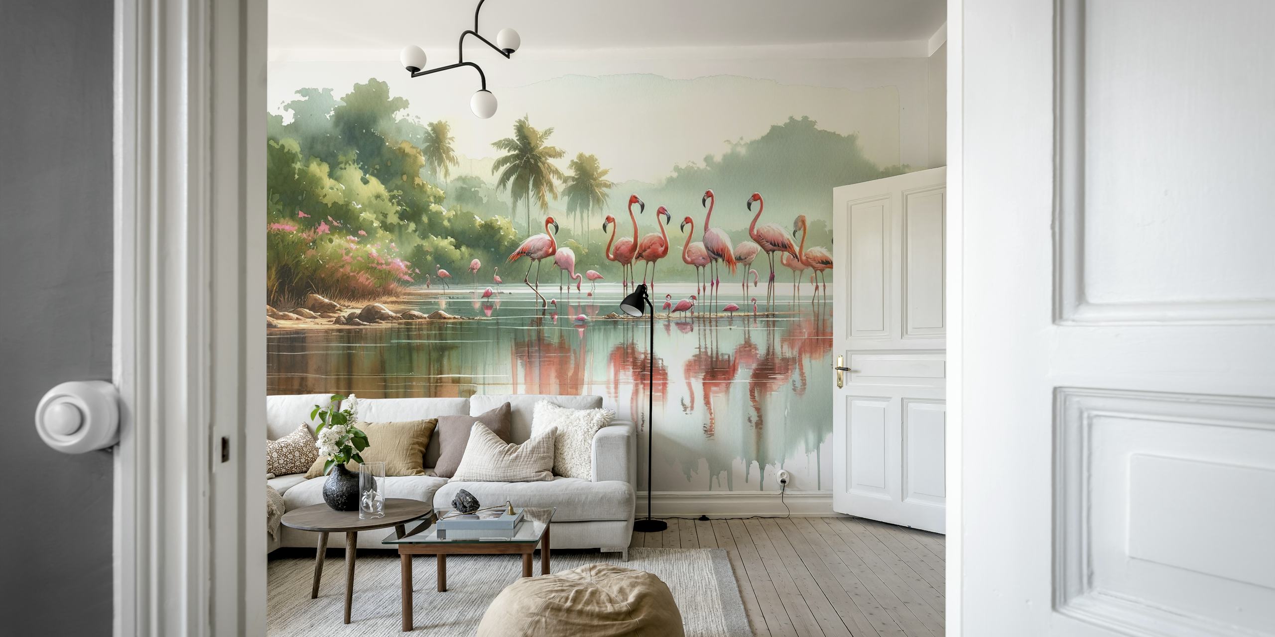 Flamingo wallpaper with reflections in a room