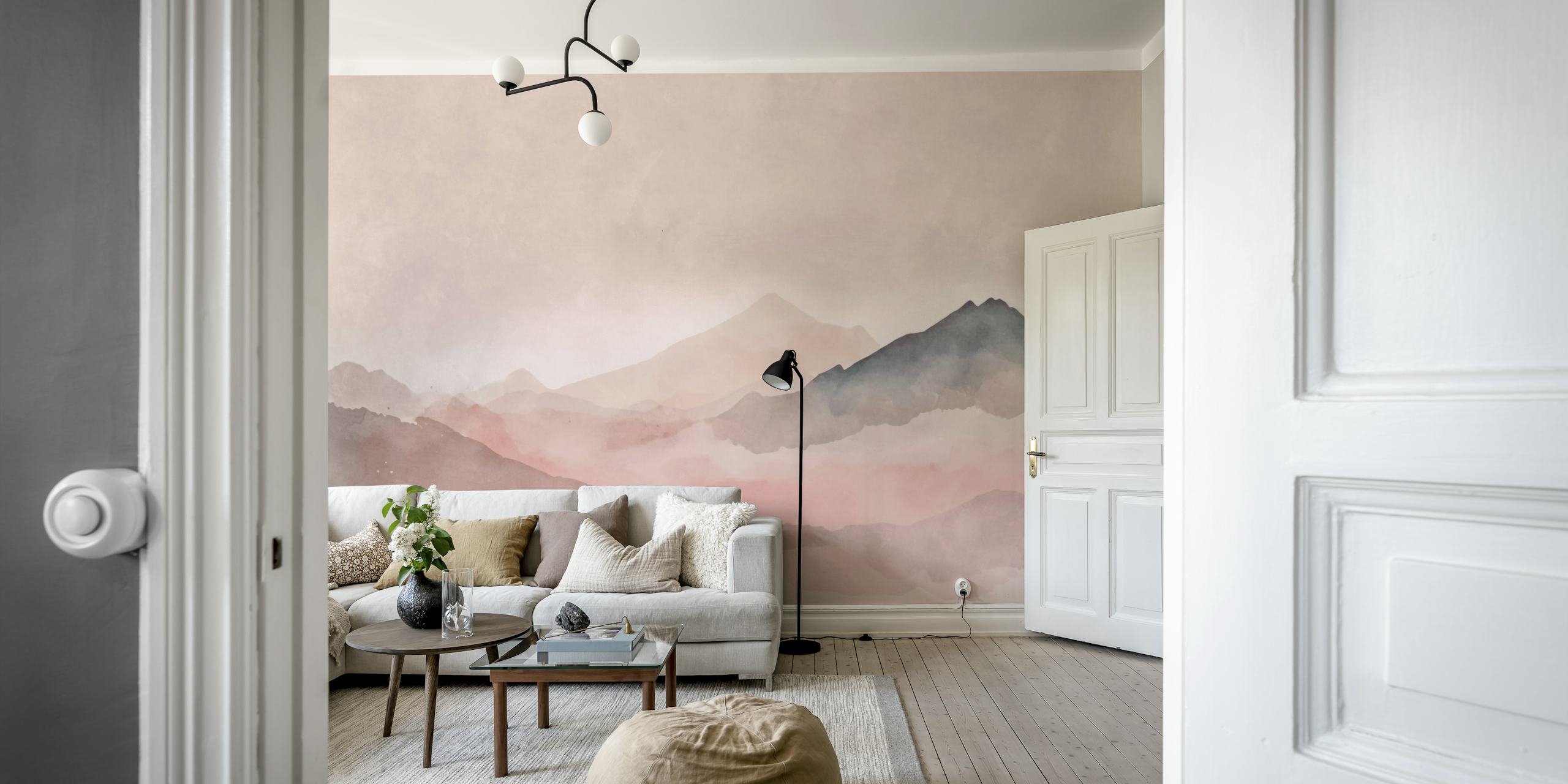Misty landscape watercolor wallpaper in room