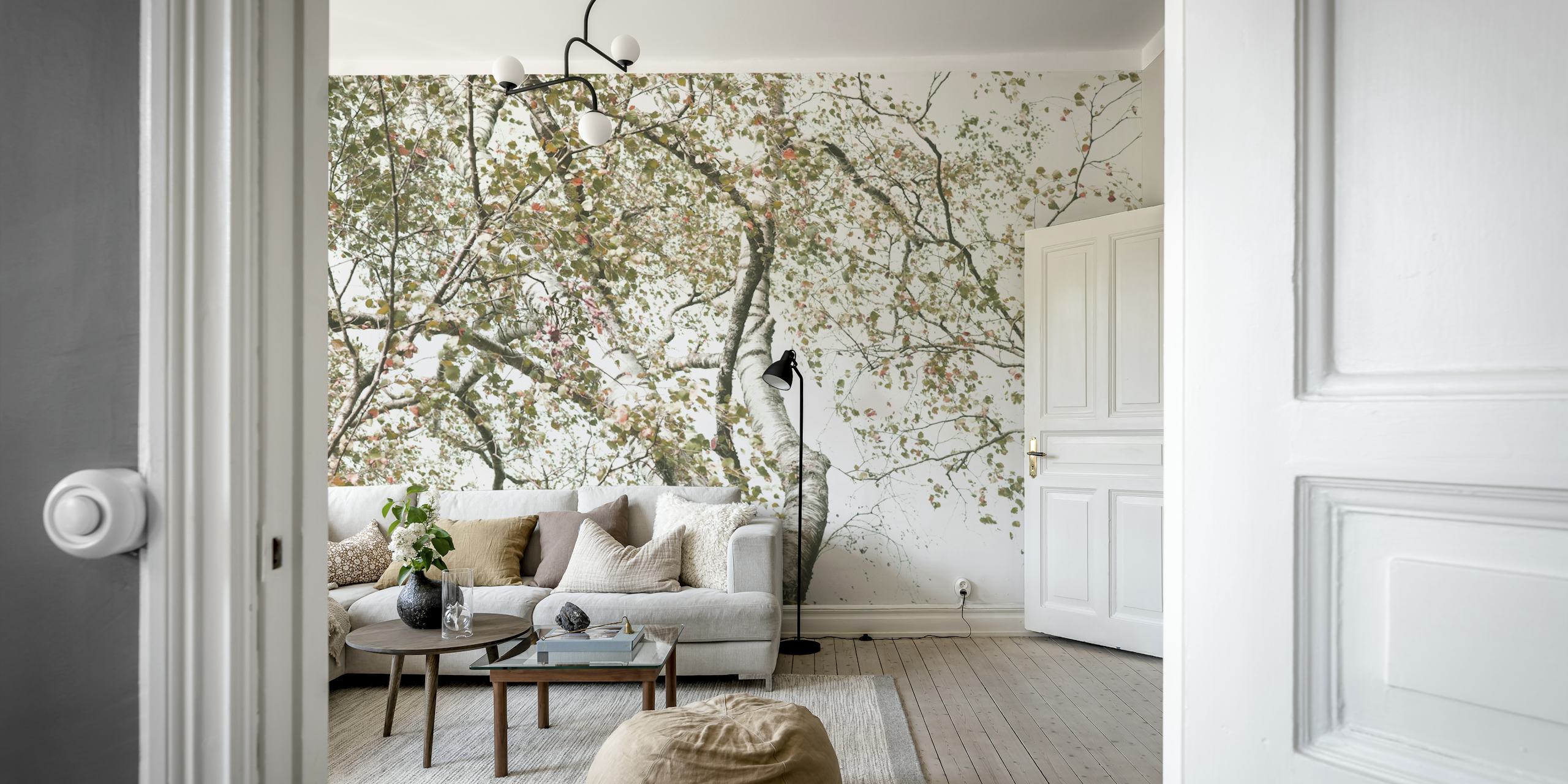 Under the Birch Tree wall mural featuring birch trees and soft, neutral colors