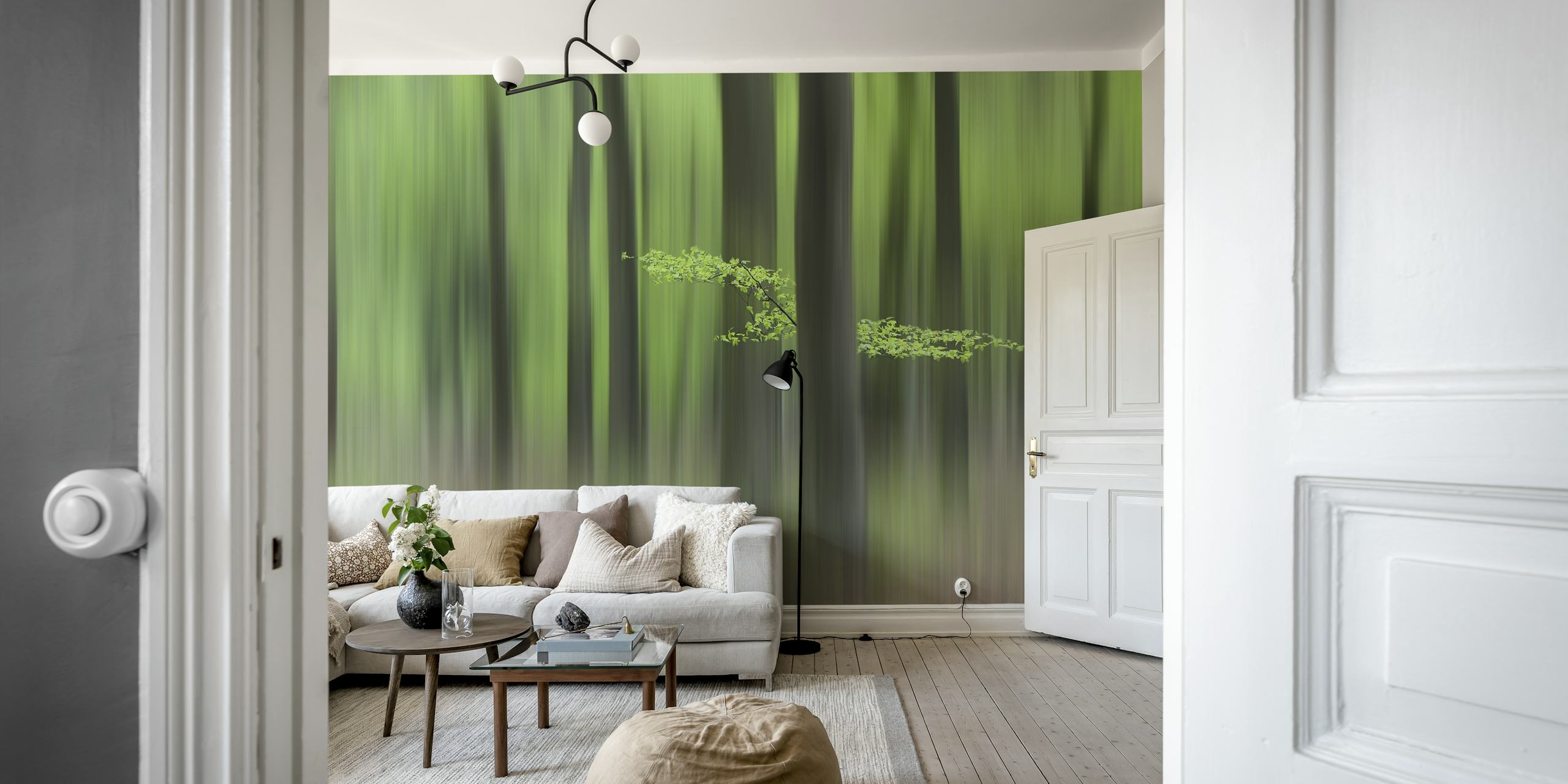 Blurry green forest background with trees and leaves wallpaper