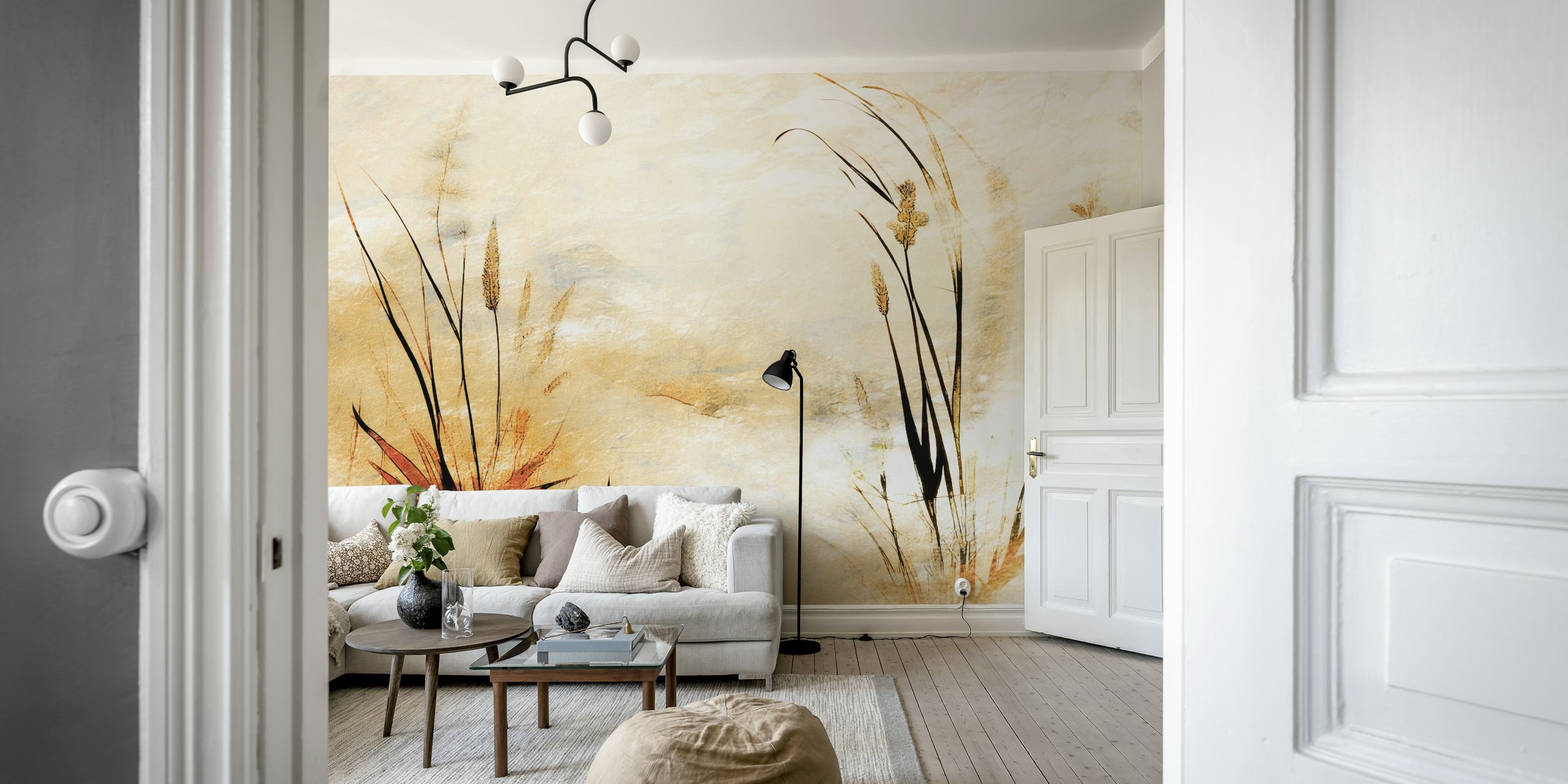 Wall mural of a meadow with tall grass in golden sunrise hues