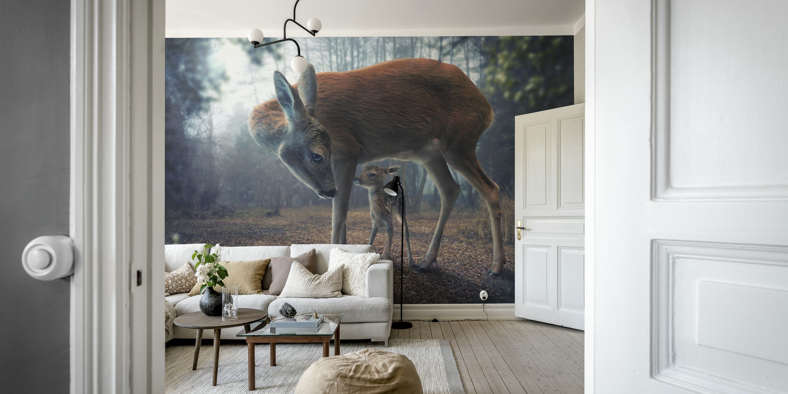 Mother and fawn wallpaper in a room
