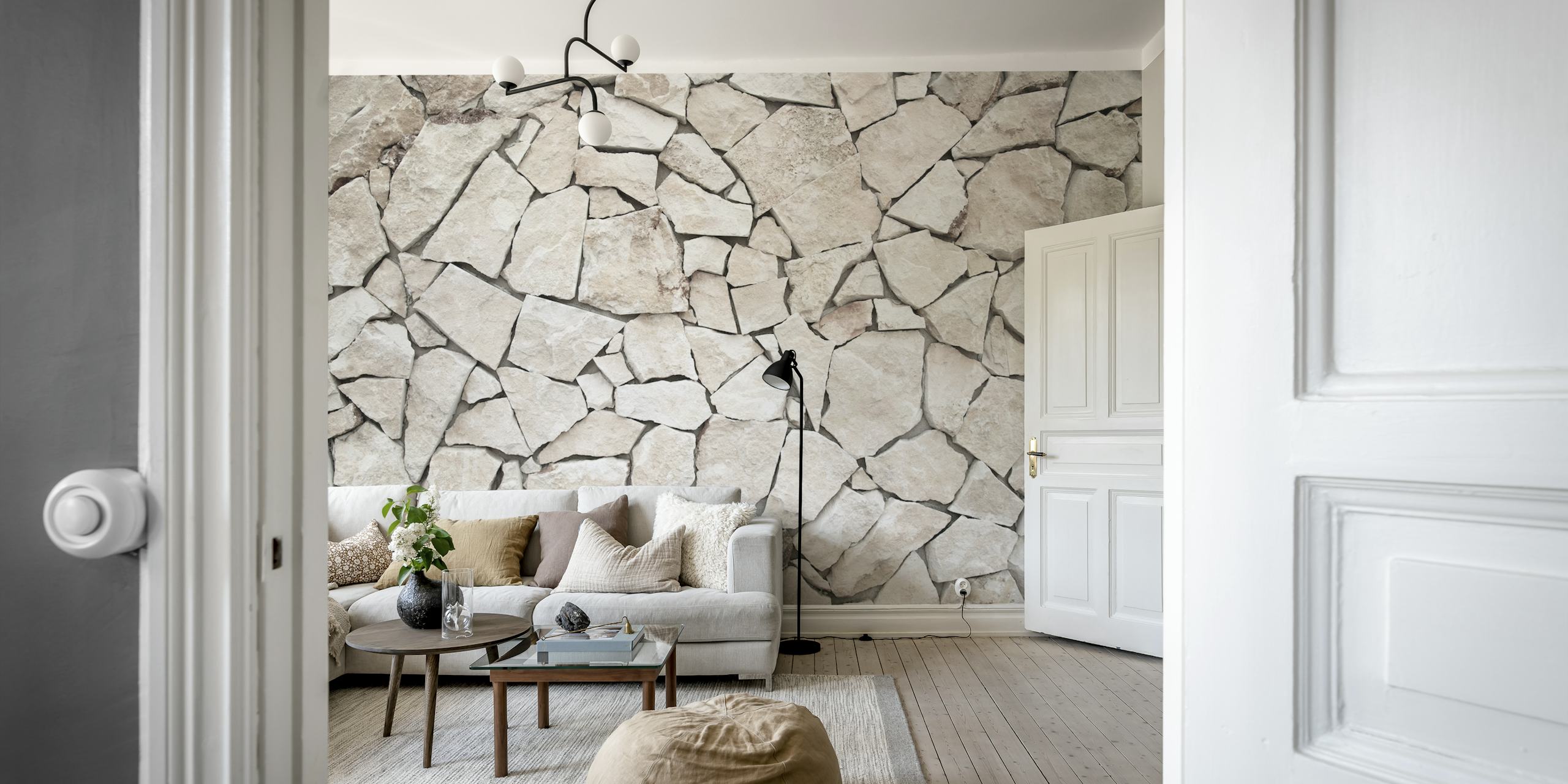 Rustic Portuguese stone pattern in light beige and gray wallpaper