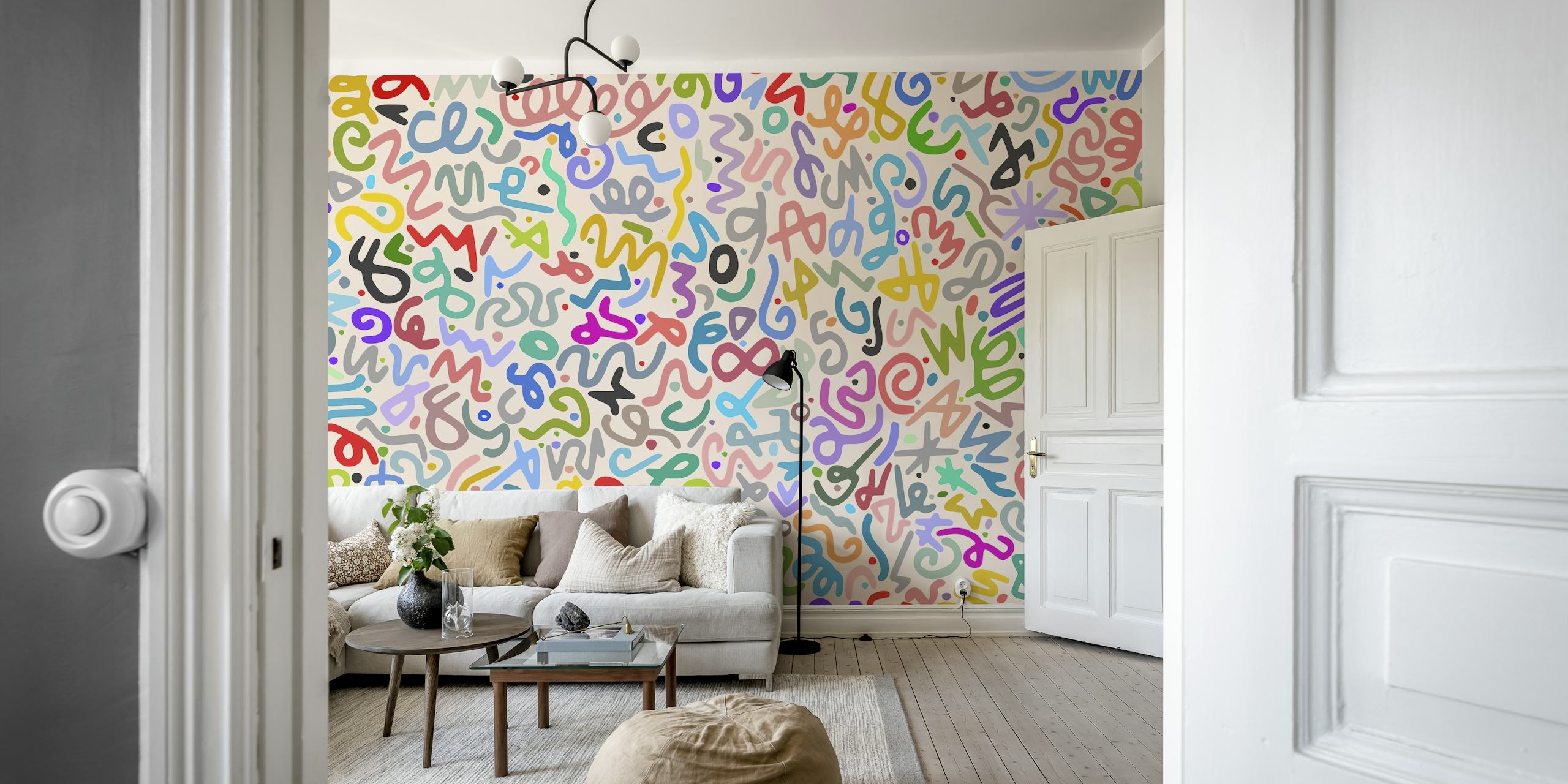 Colorful abstract shapes and swirls on a light background wallpaper