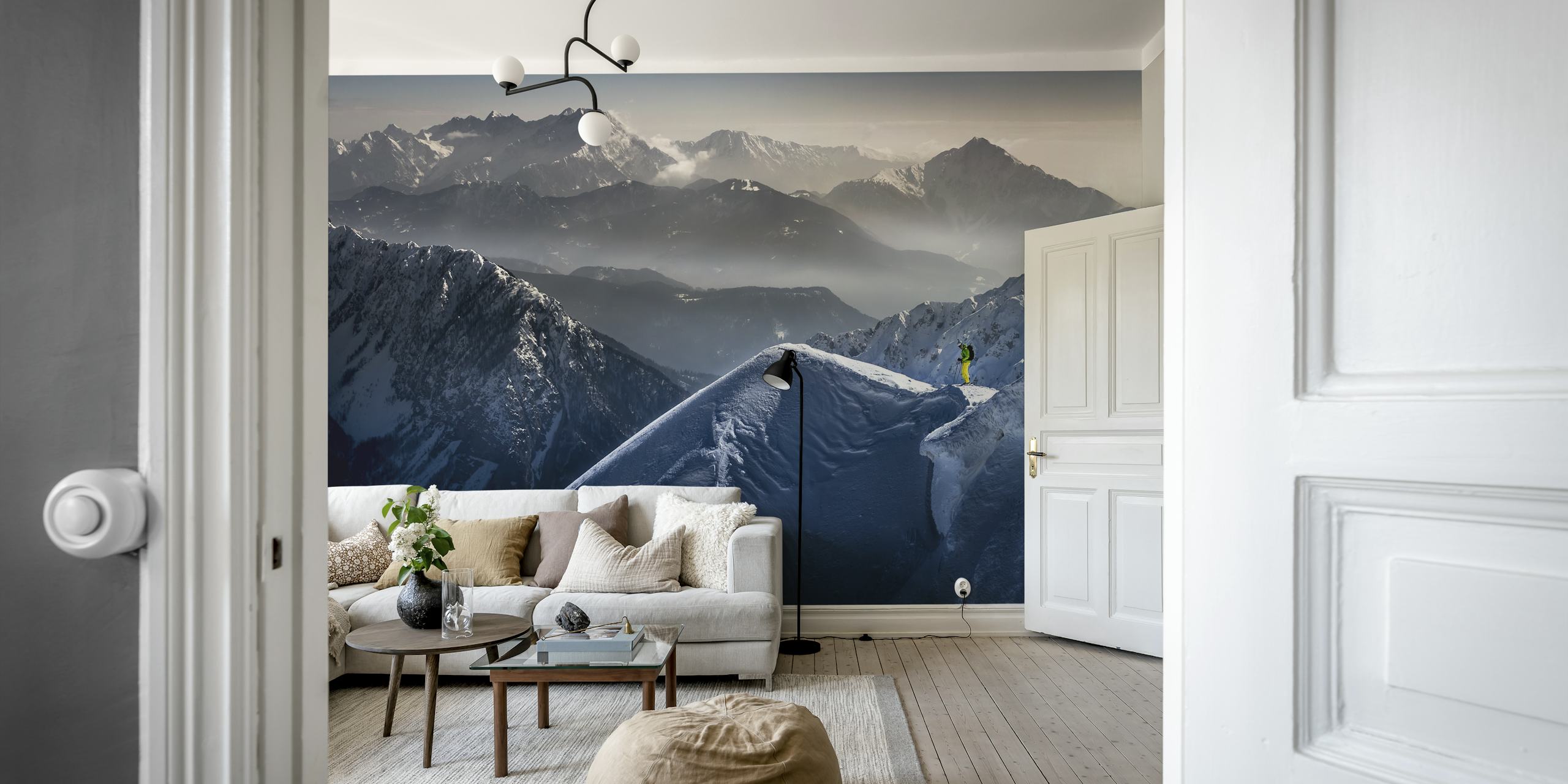Skier on mountain peak wall mural Silence before Descent with misty mountain backdrop