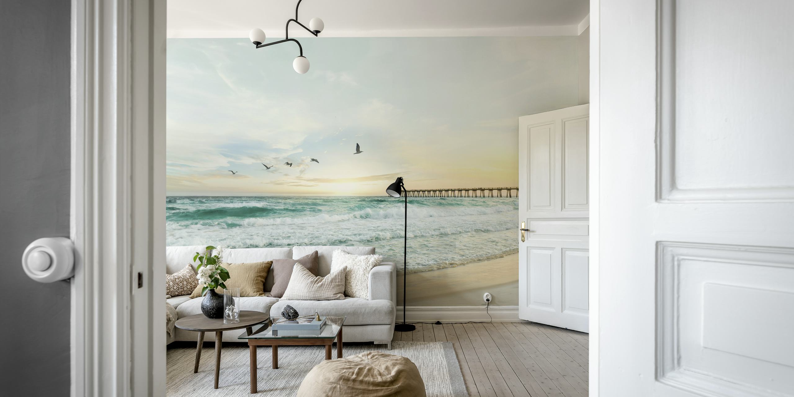 Sunset Pier wall mural with golden hues, calm ocean, and a stretching pier