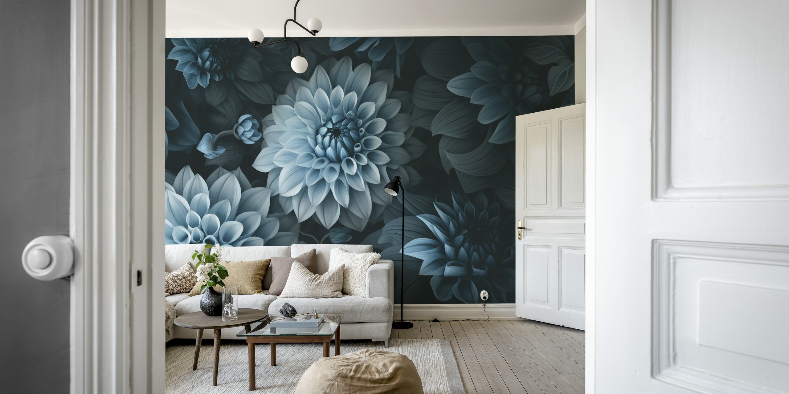 Ylellinen Moody Dahlia Flowers -seinämaalaus, jossa on täyteläisiä sinivihreitä ja sinisiä sävyjä