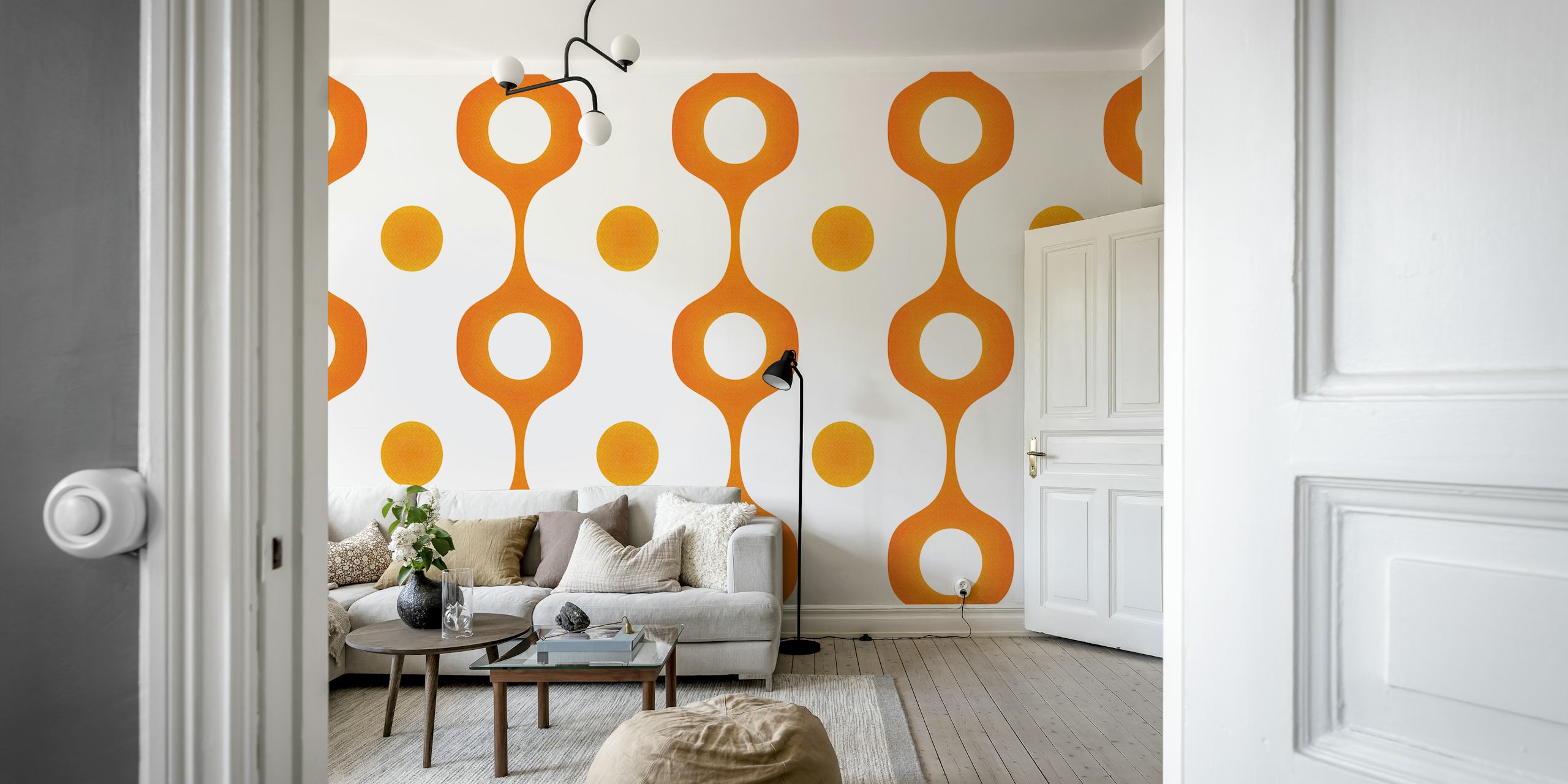 Papel tapiz geométrico naranja Retro 70s en una habitación