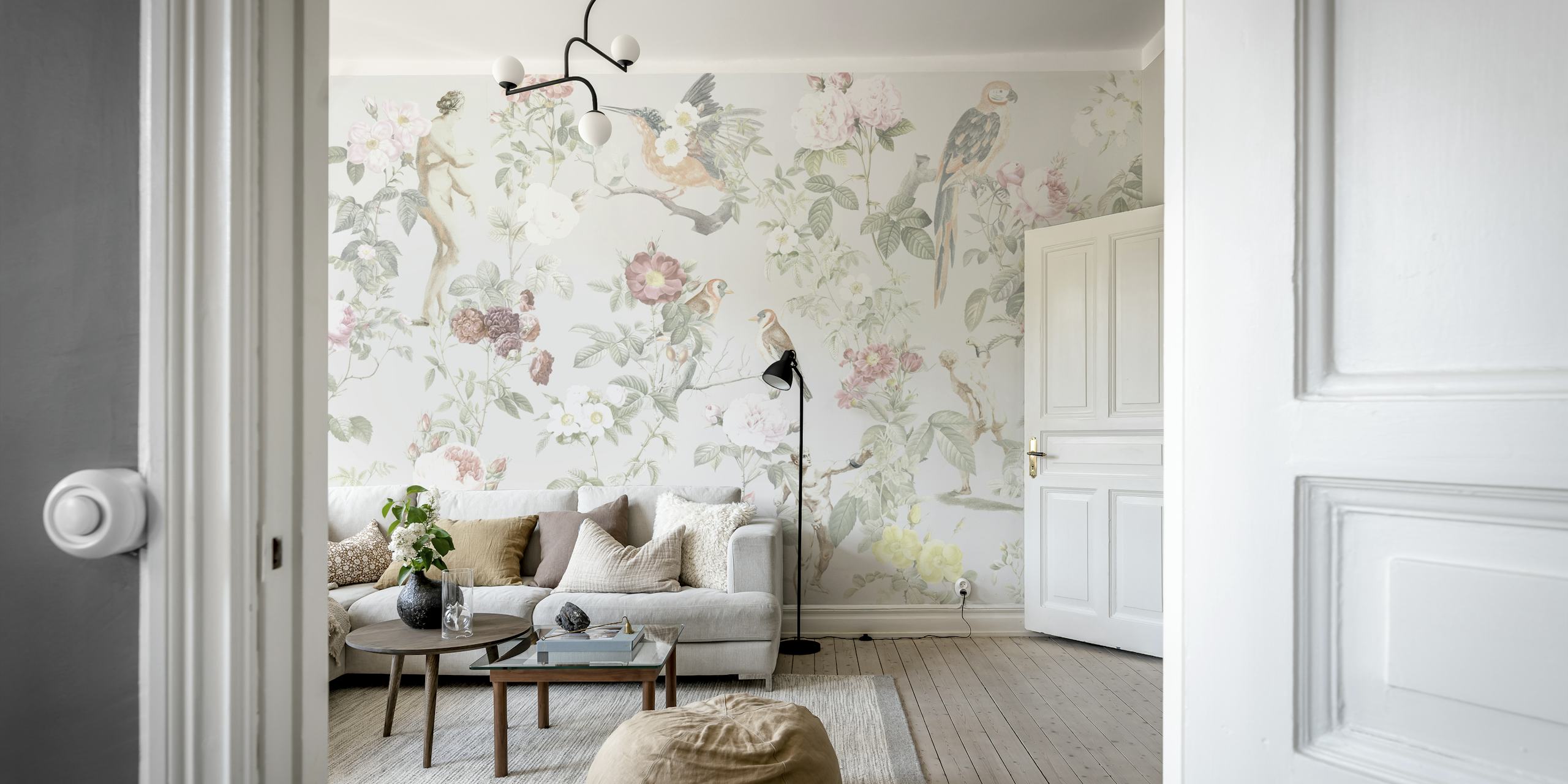 Soft-hued flower and bird illustration wall mural