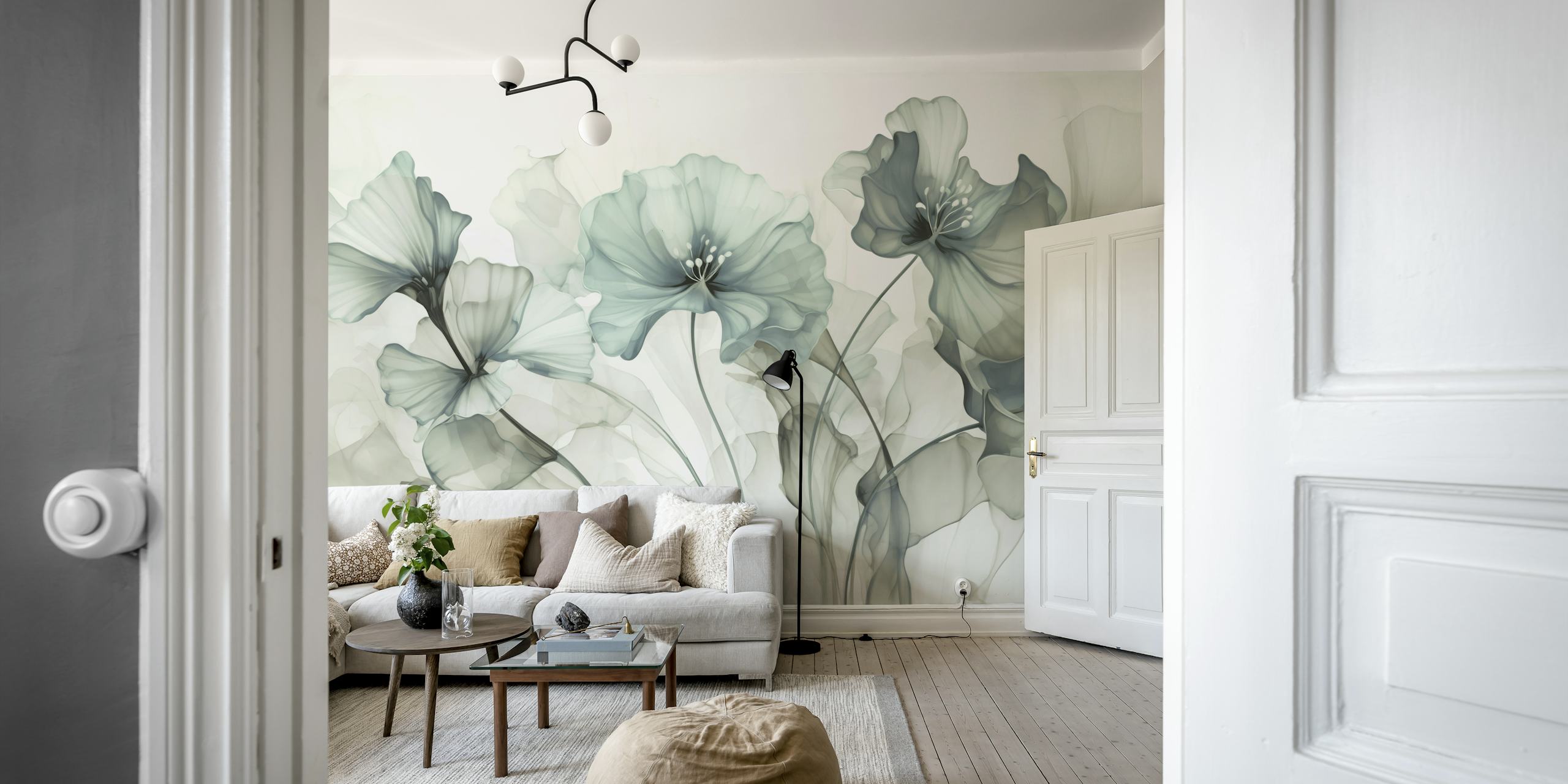 Teal grey floral wallpaper with delicate, flowing flowers