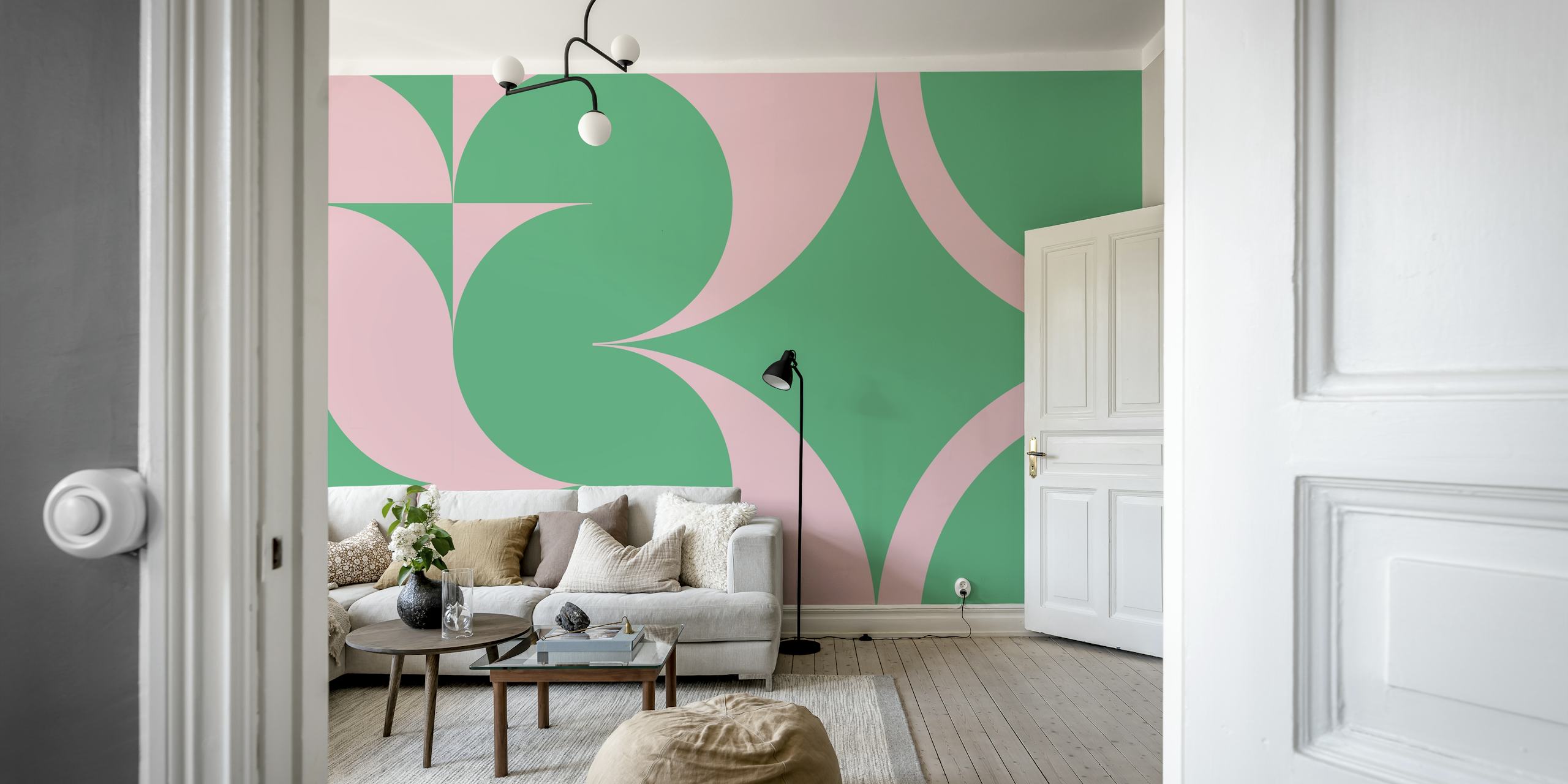 Fototapeta Zelená a růžová moderní geometrický vzor z poloviny století