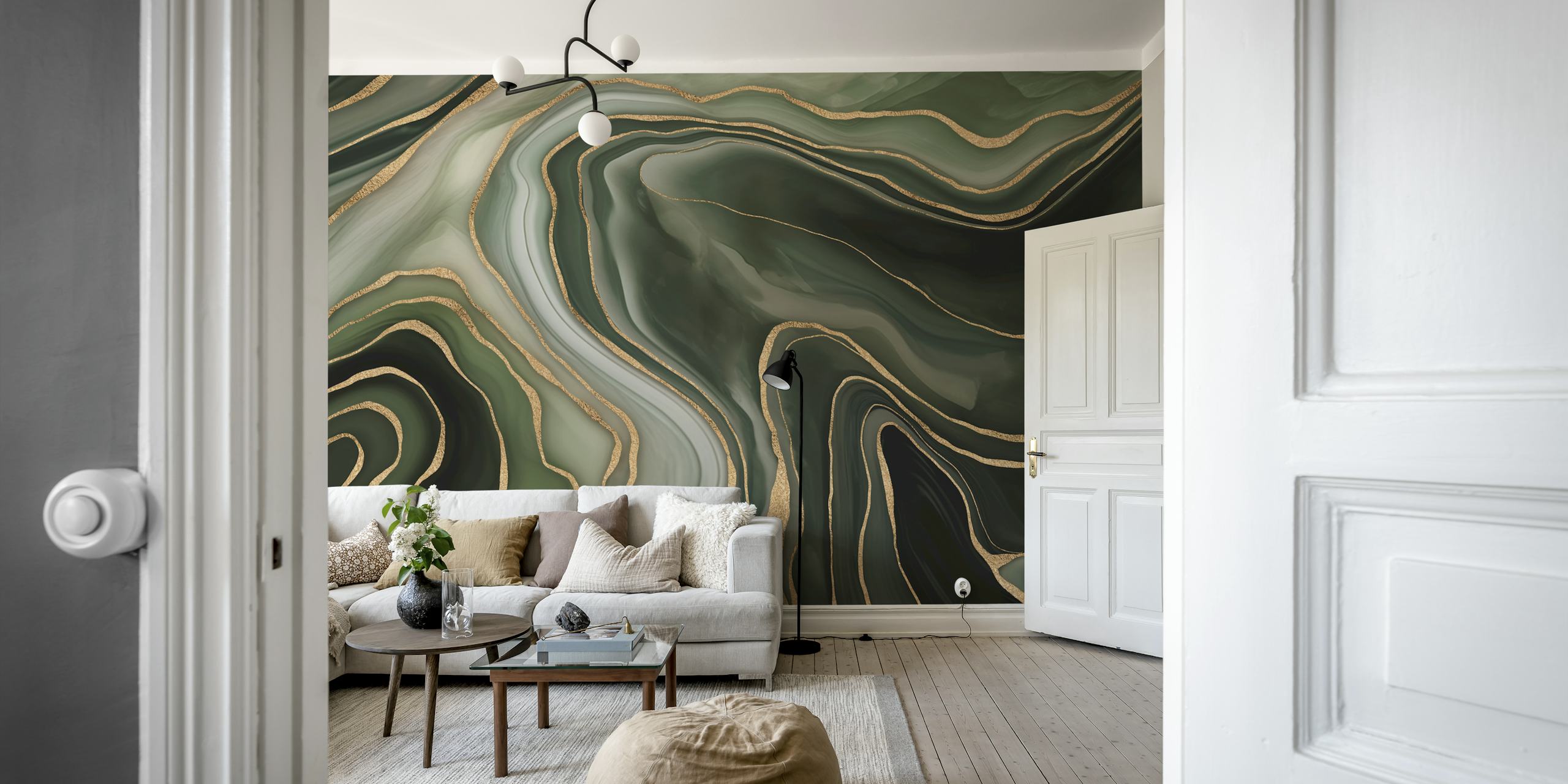 Green and gray swirling marble pattern with gold accents wallpaper