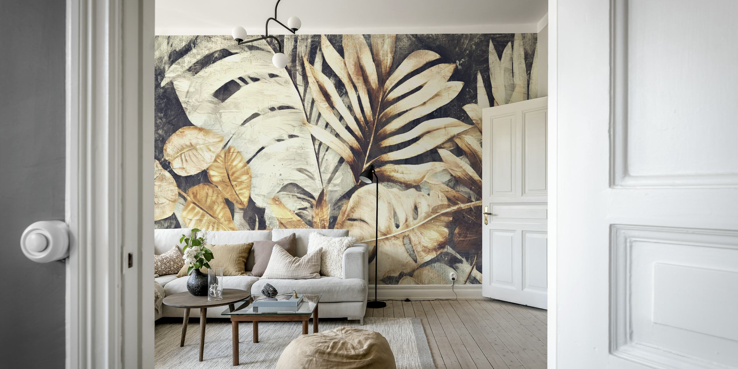 Sepia-toned tropical leaf pattern wall mural