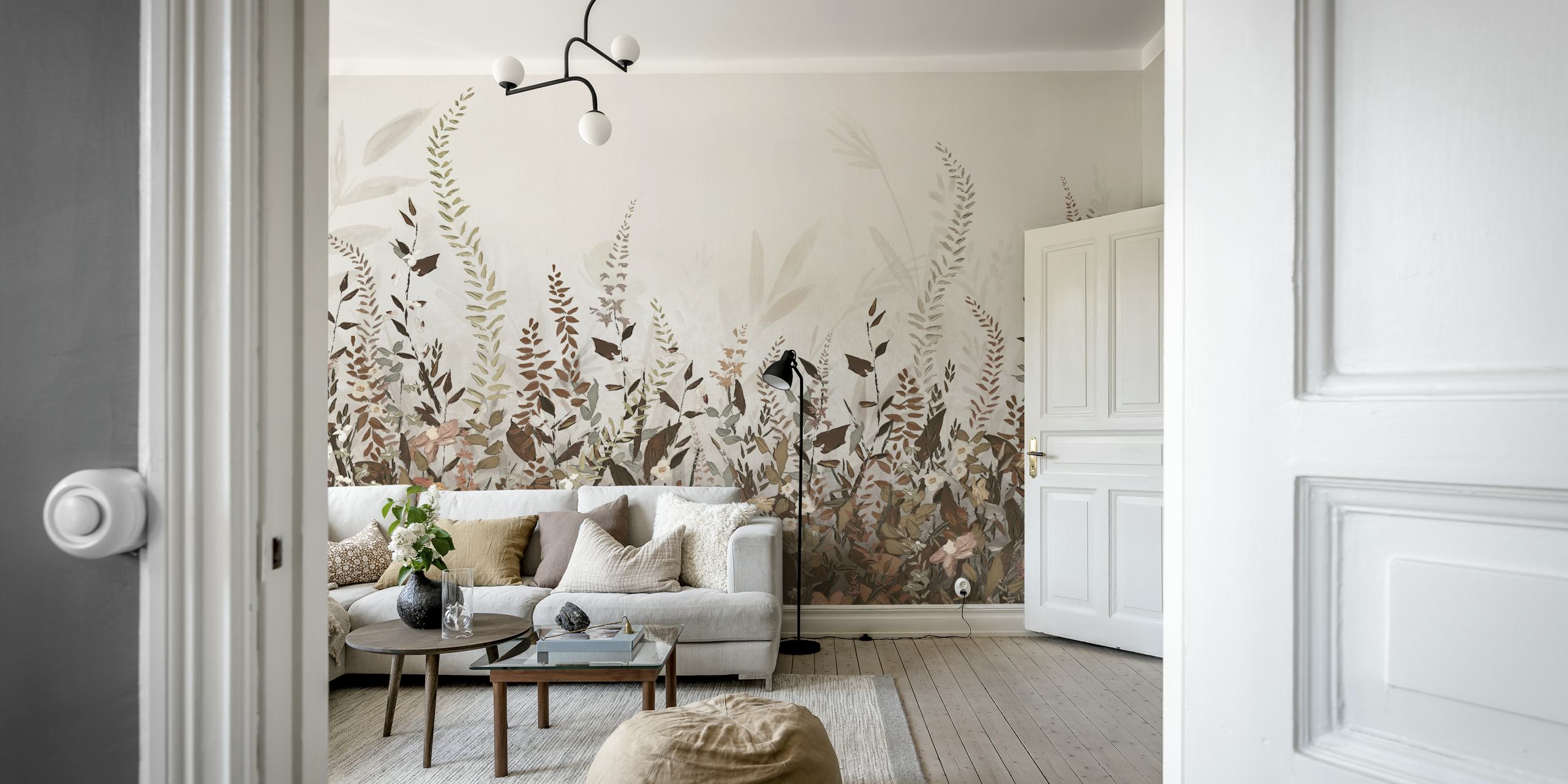 Elegante murale floreale con fiori che sbocciano e uno sfondo sereno