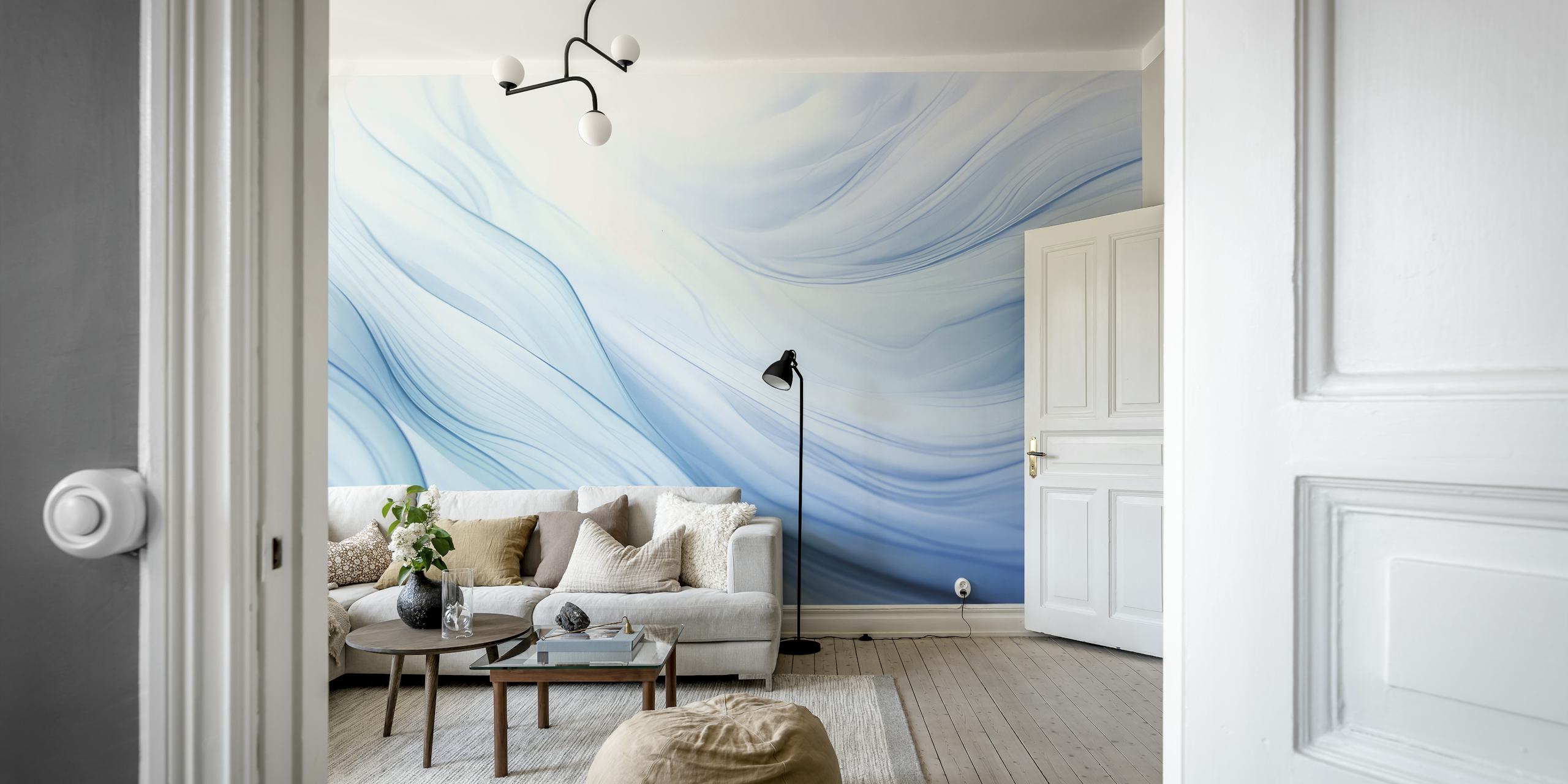 Ethereal blue wave wallpaper in a room
