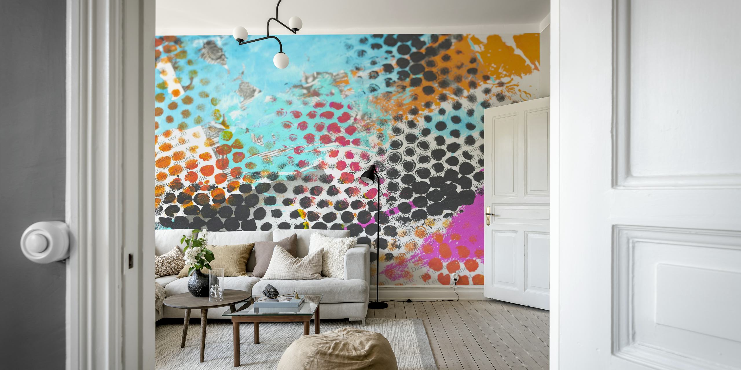 Colorful abstract grunge wallpaper with vibrant splotches and polka dots