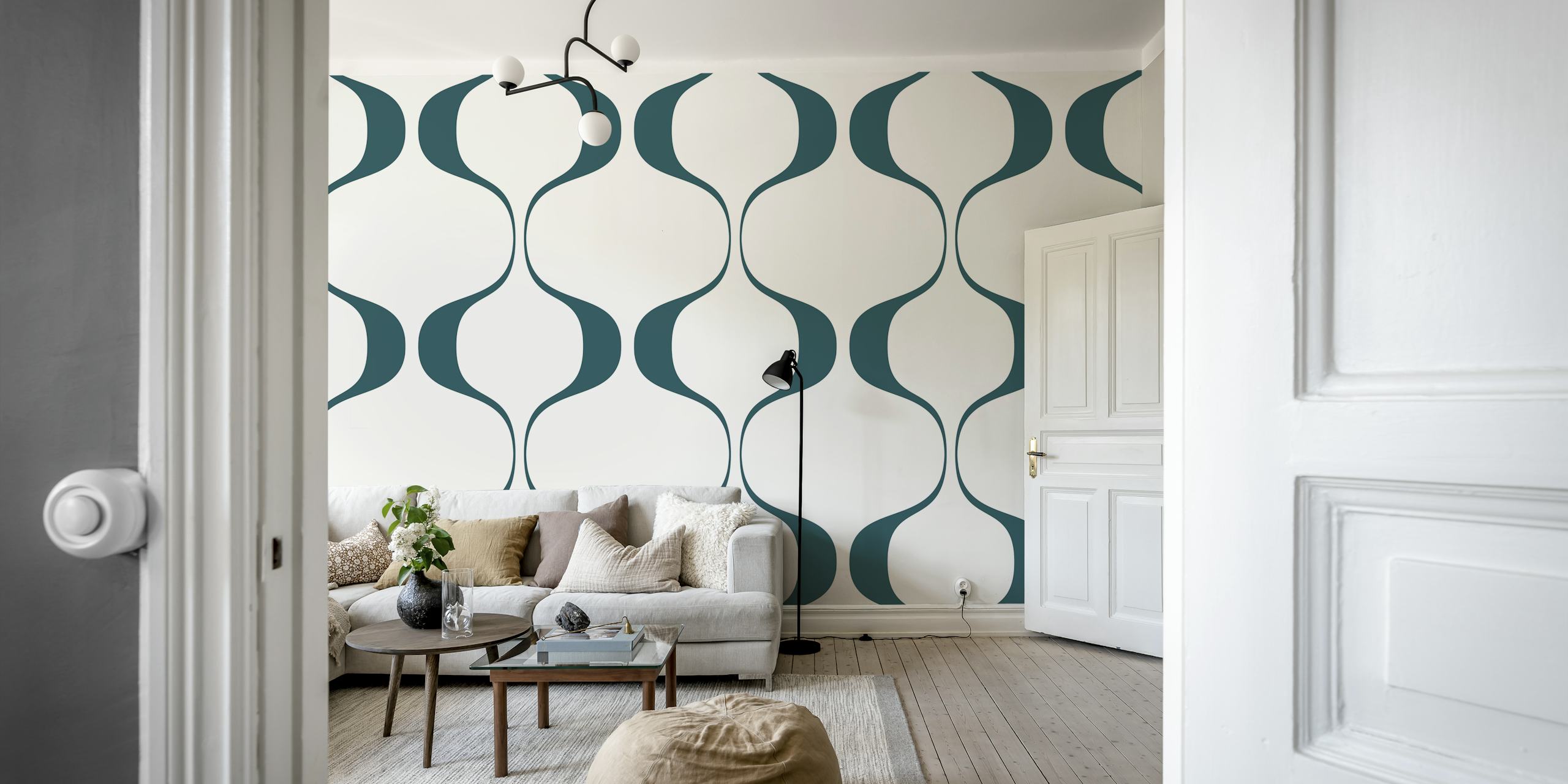 papel pintado Green Retro Geo Abstract Waves en una habitación