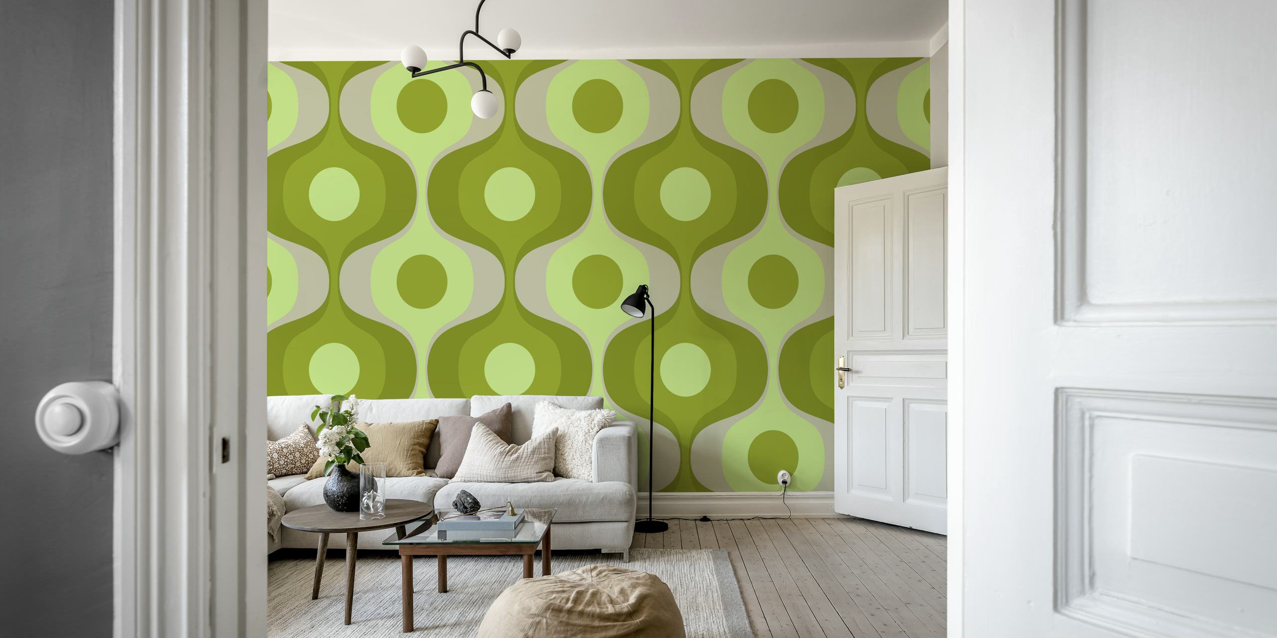 Green geometric pattern wallpaper with retro style elements