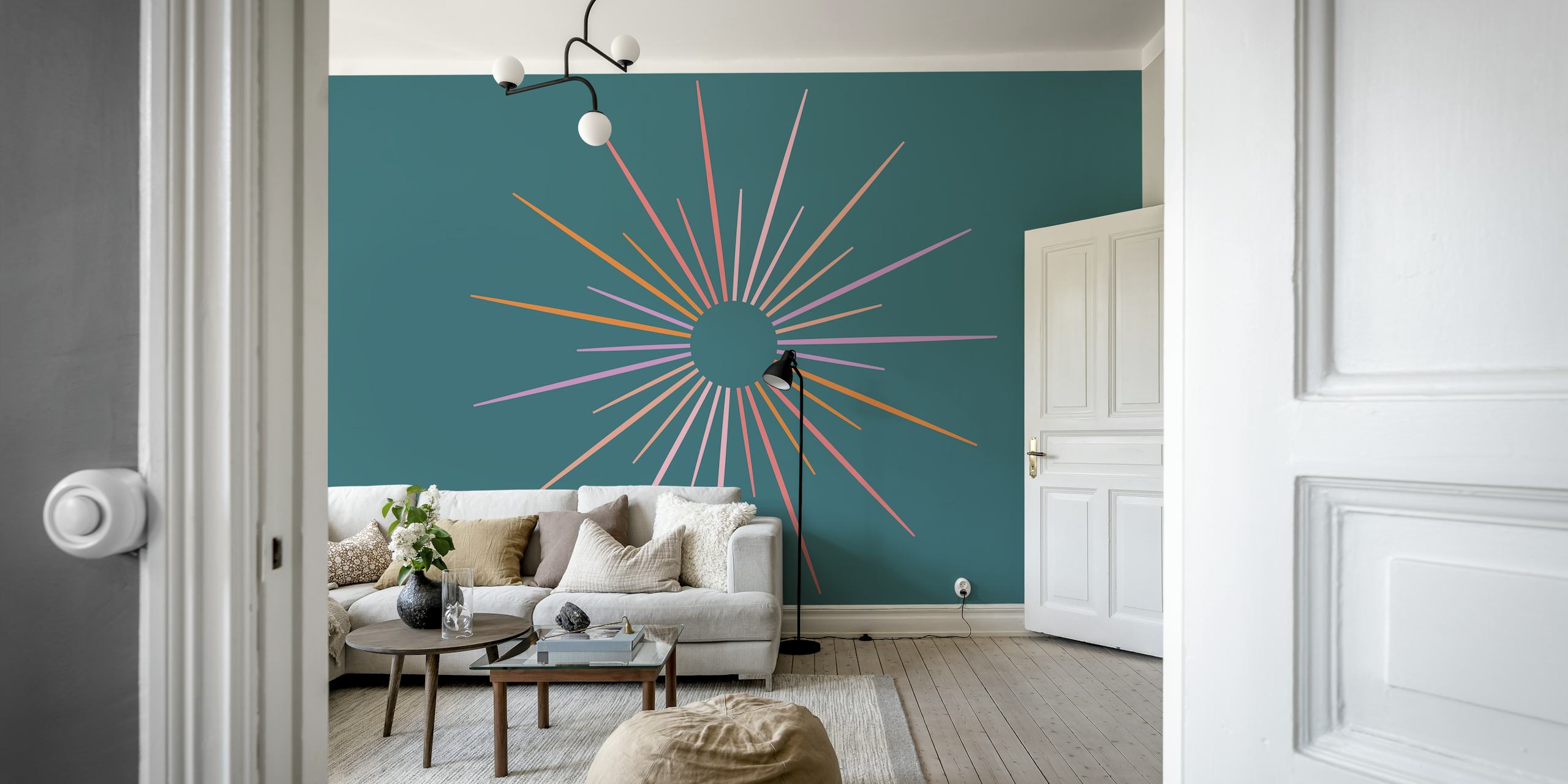 Retro-inspired sunburst wall mural in warm and cool hues