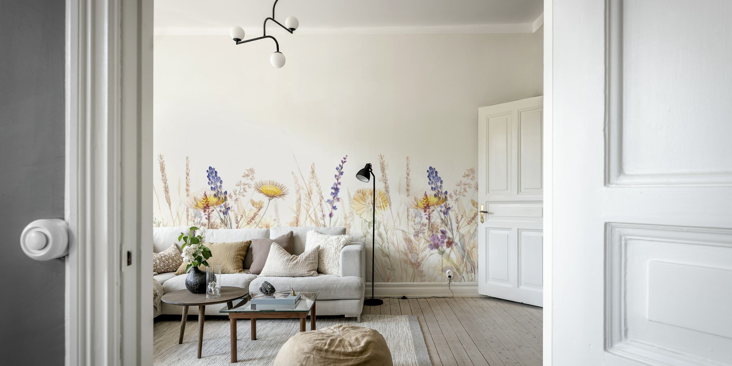A tranquil wildflower meadow wall mural with soft pastel wildflowers on a white background