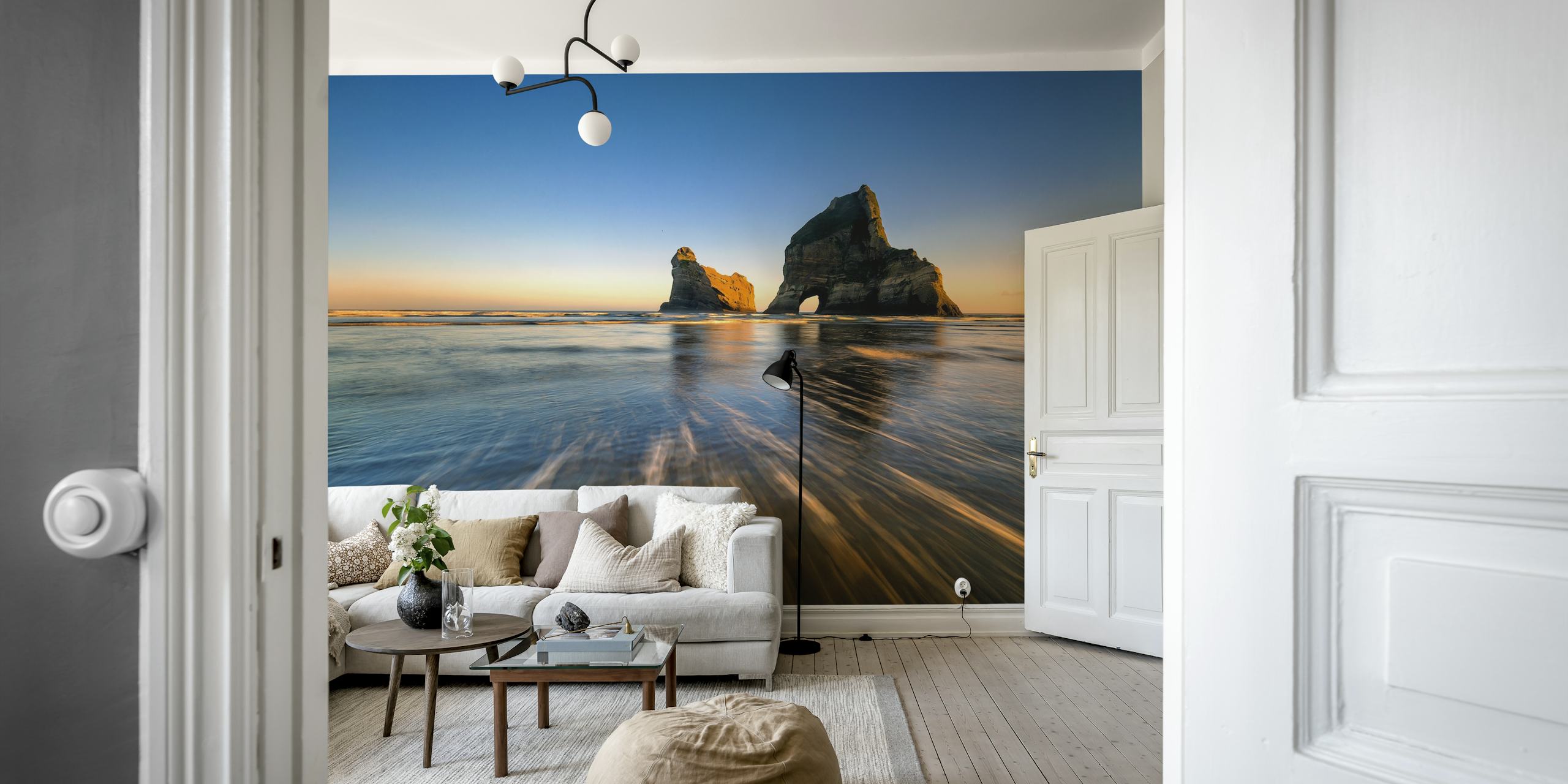 Wharaiki Beach Wandbild mit Sonnenuntergang und Felsformationen