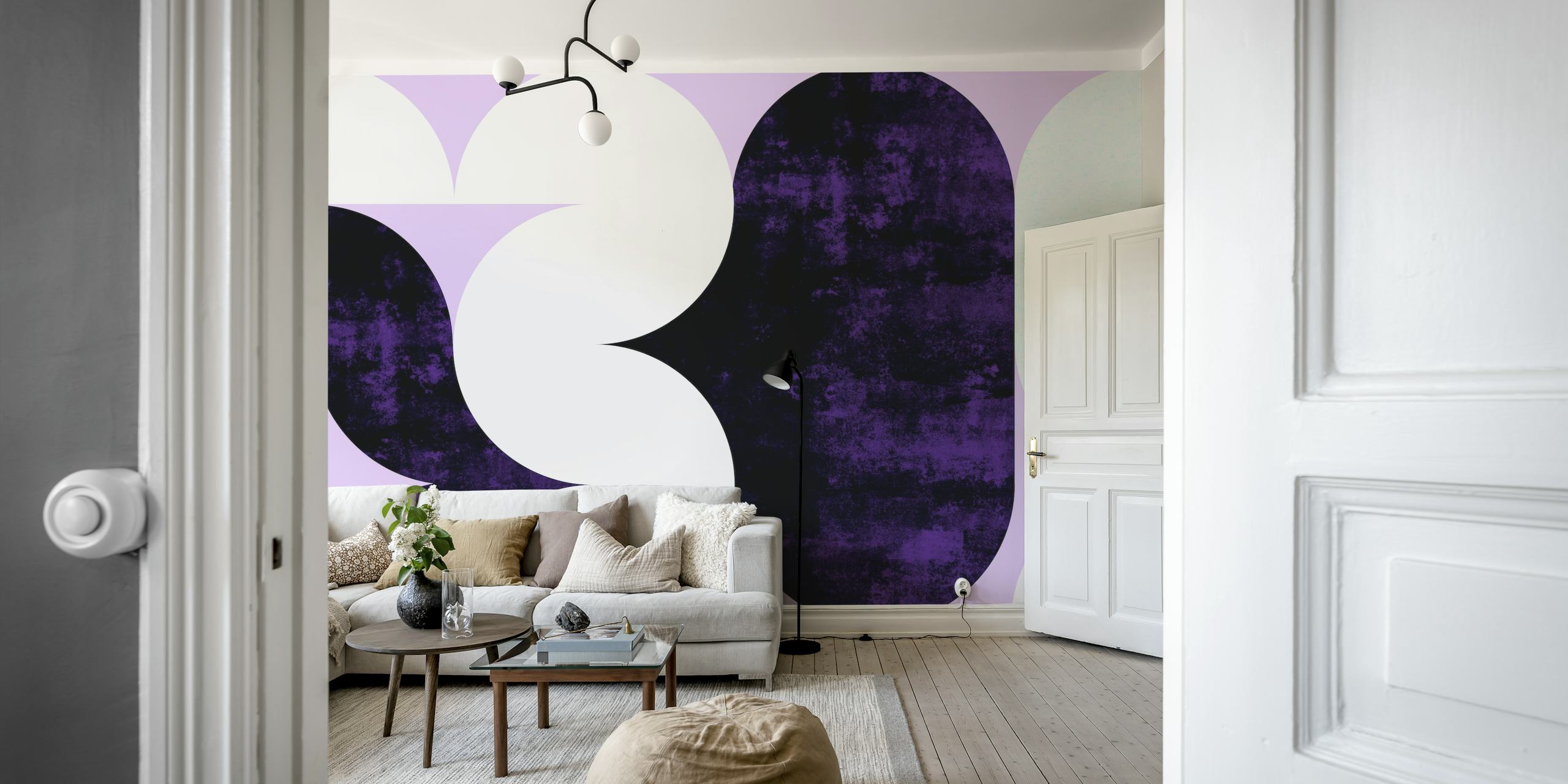 Mid-Century Modern Round Geometry Purple Tapete im Raum