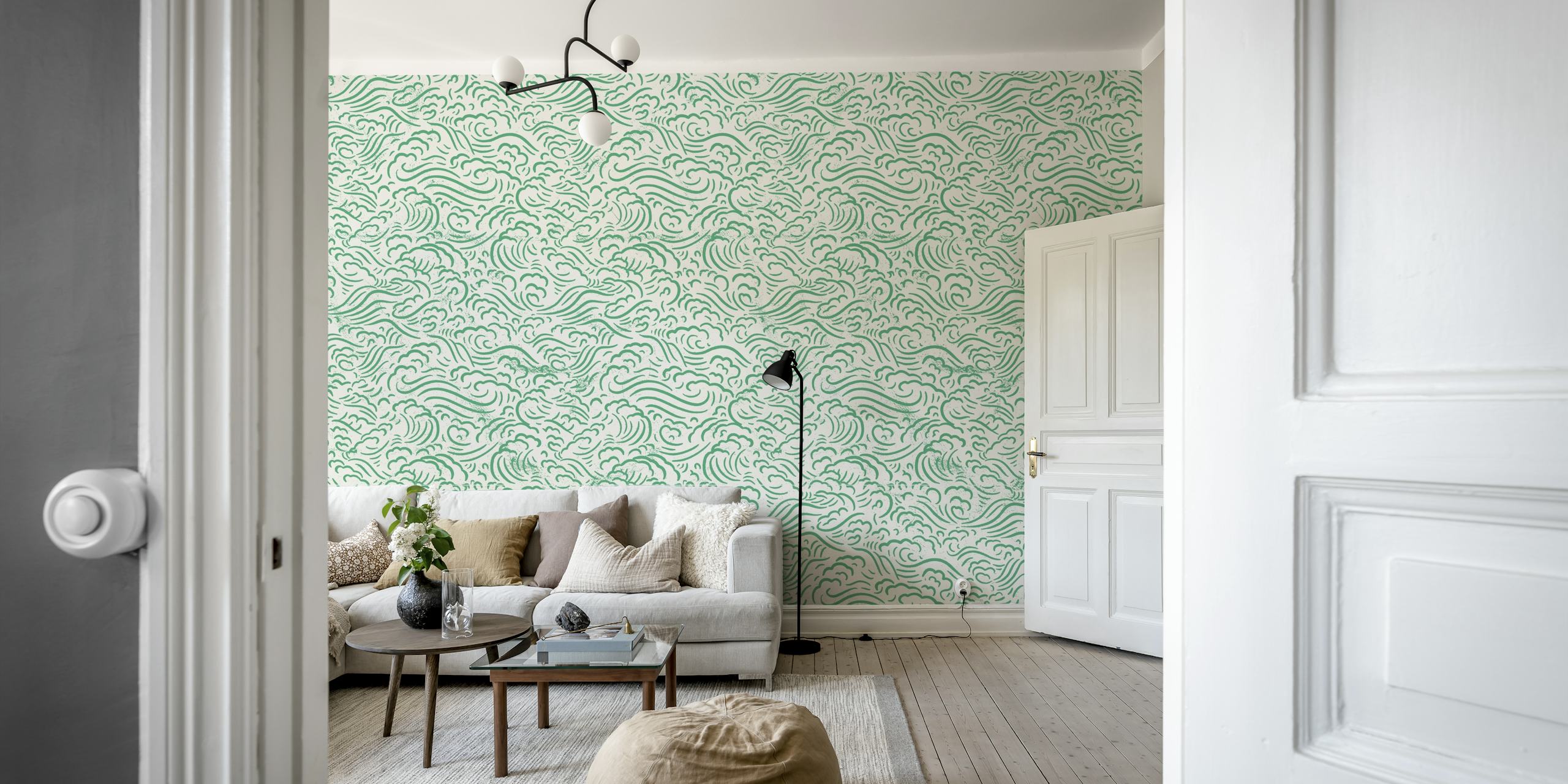 Papel de parede wood block print japonês em verde