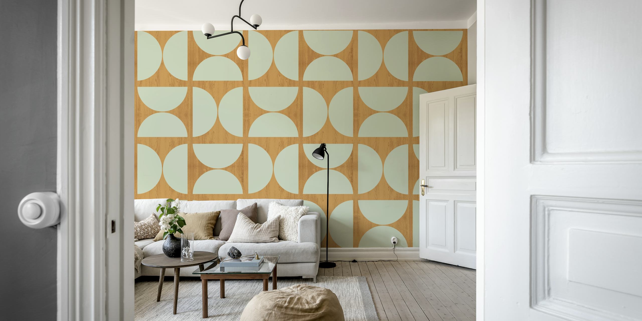 Sage Bauhaus Wood pattern wall mural with semi-circular shapes on a wooden texture background