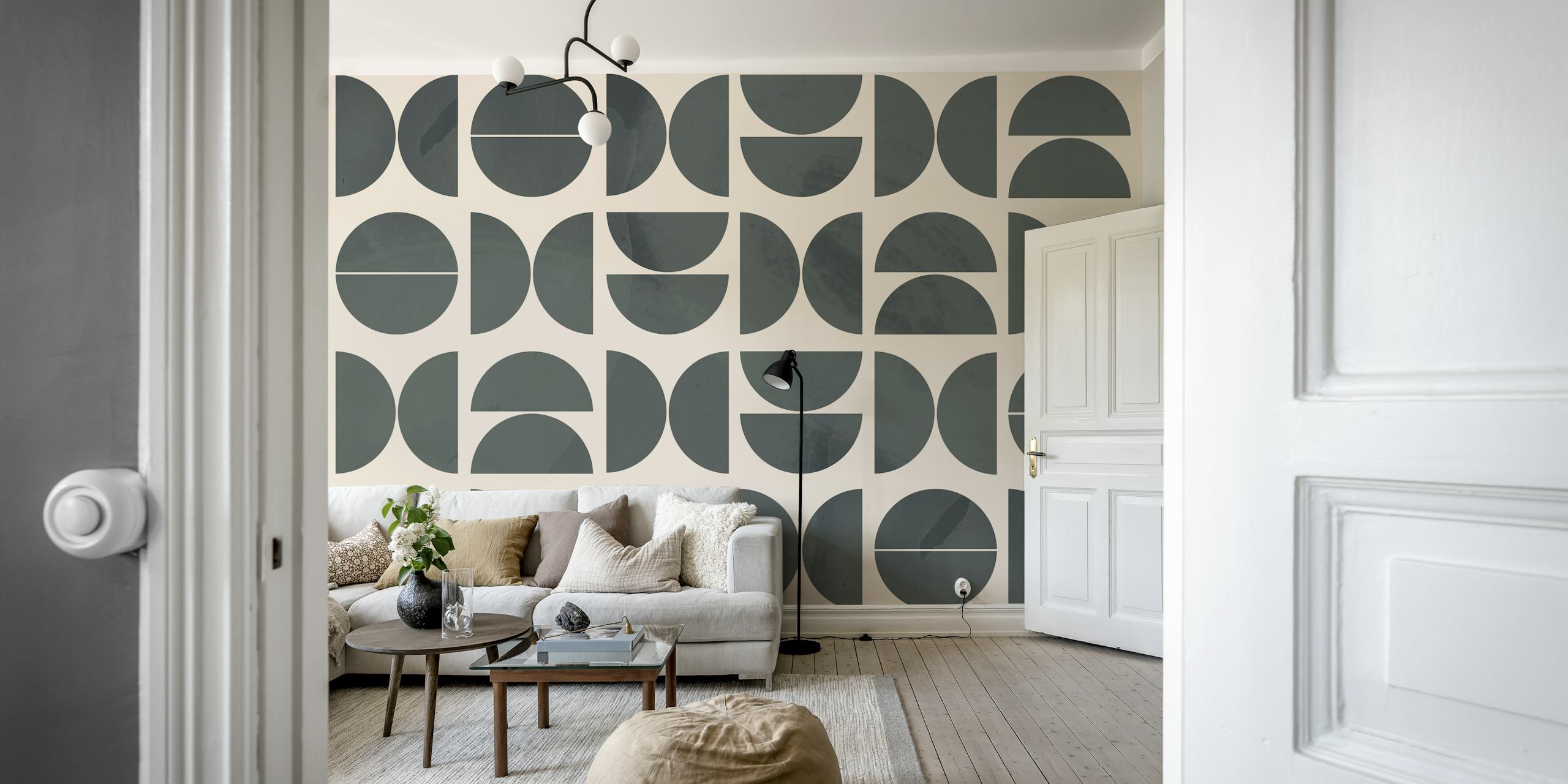 Geometric dark green circular shapes on a light background wallpaper