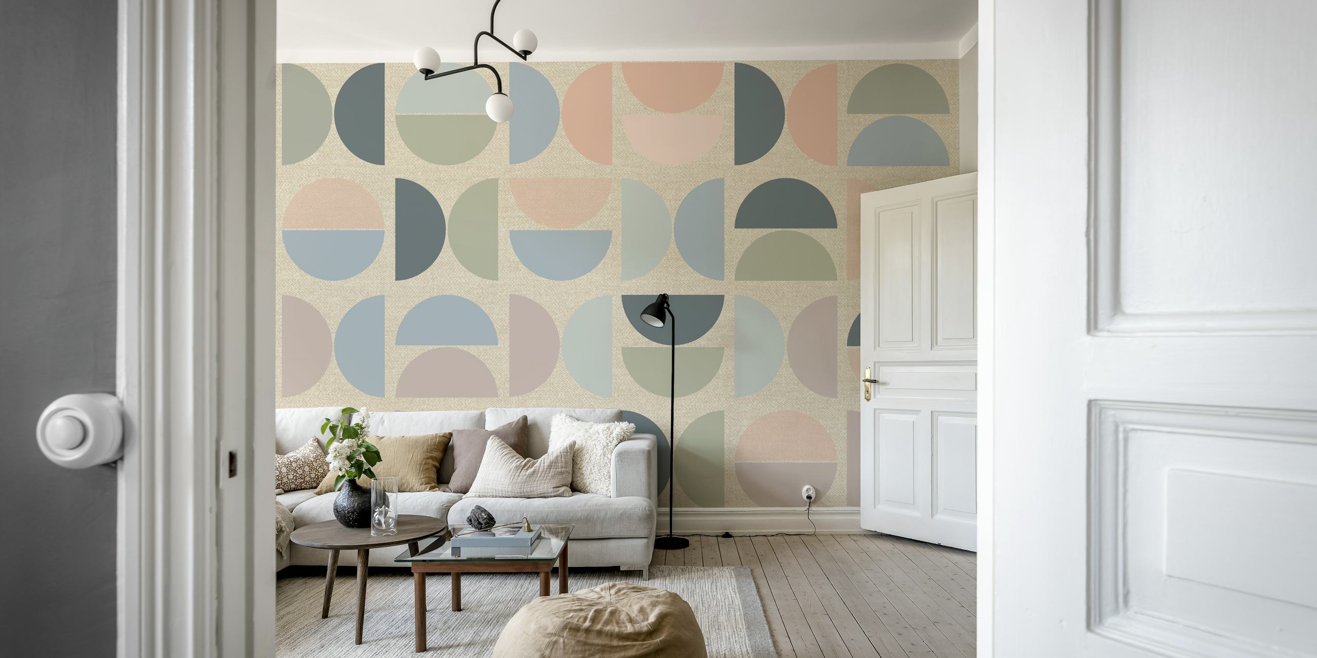 Mural de pared de estilo Bauhaus en tonos pastel apagados con formas geométricas en colores suaves