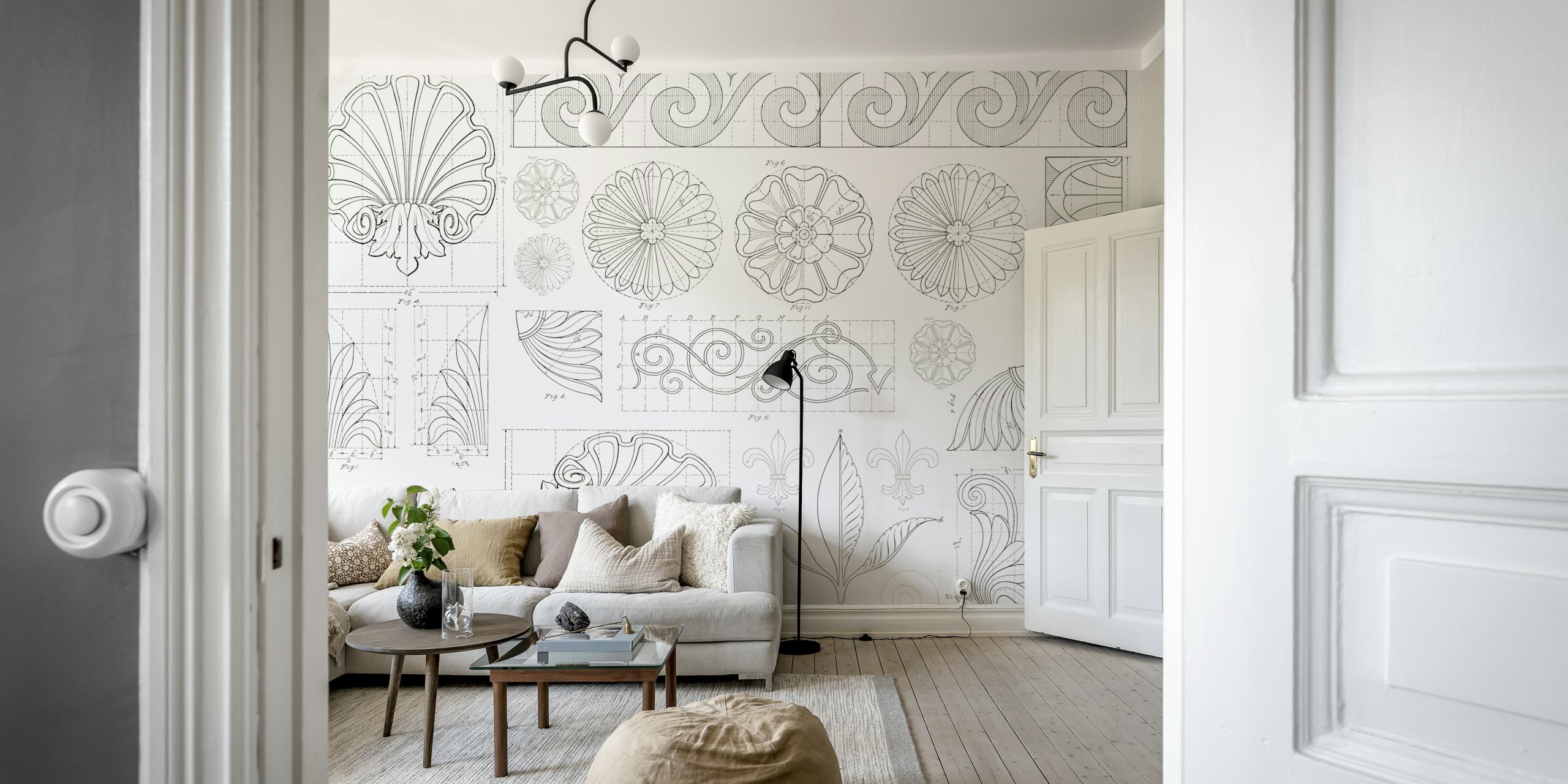 Vintage architectural floral ornament wallpaper in grayscale