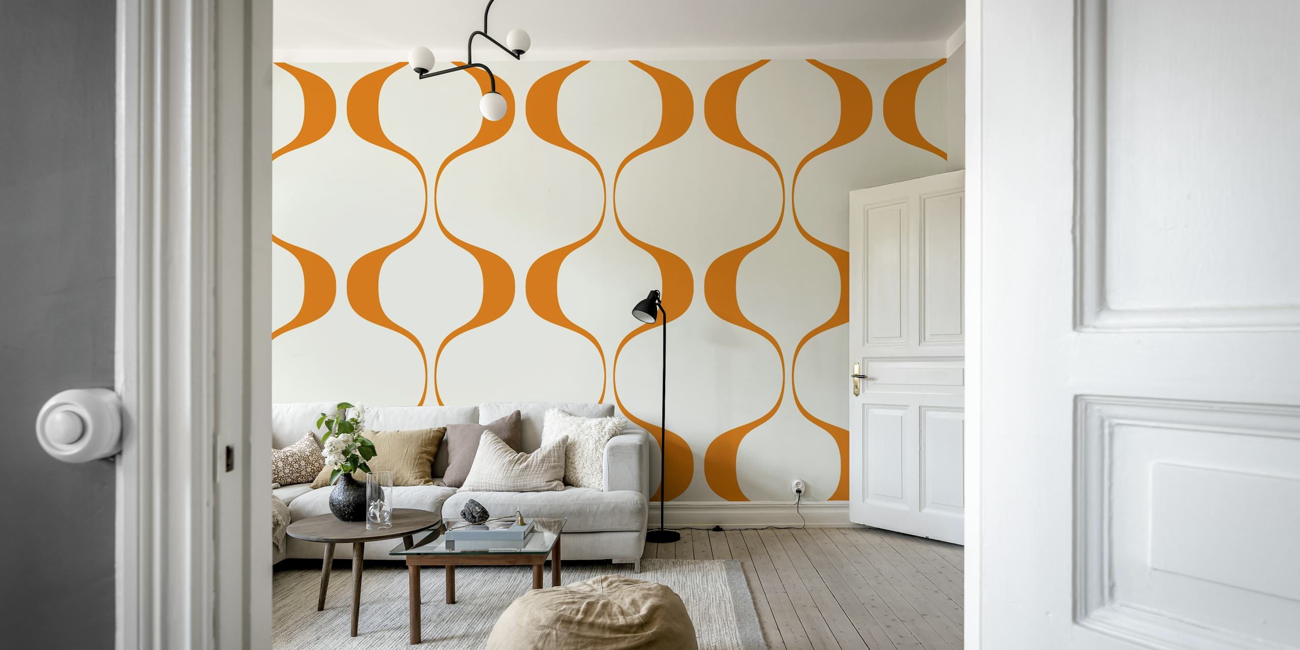 Orange Retro Abstract Geo Waves wallpaper in a room
