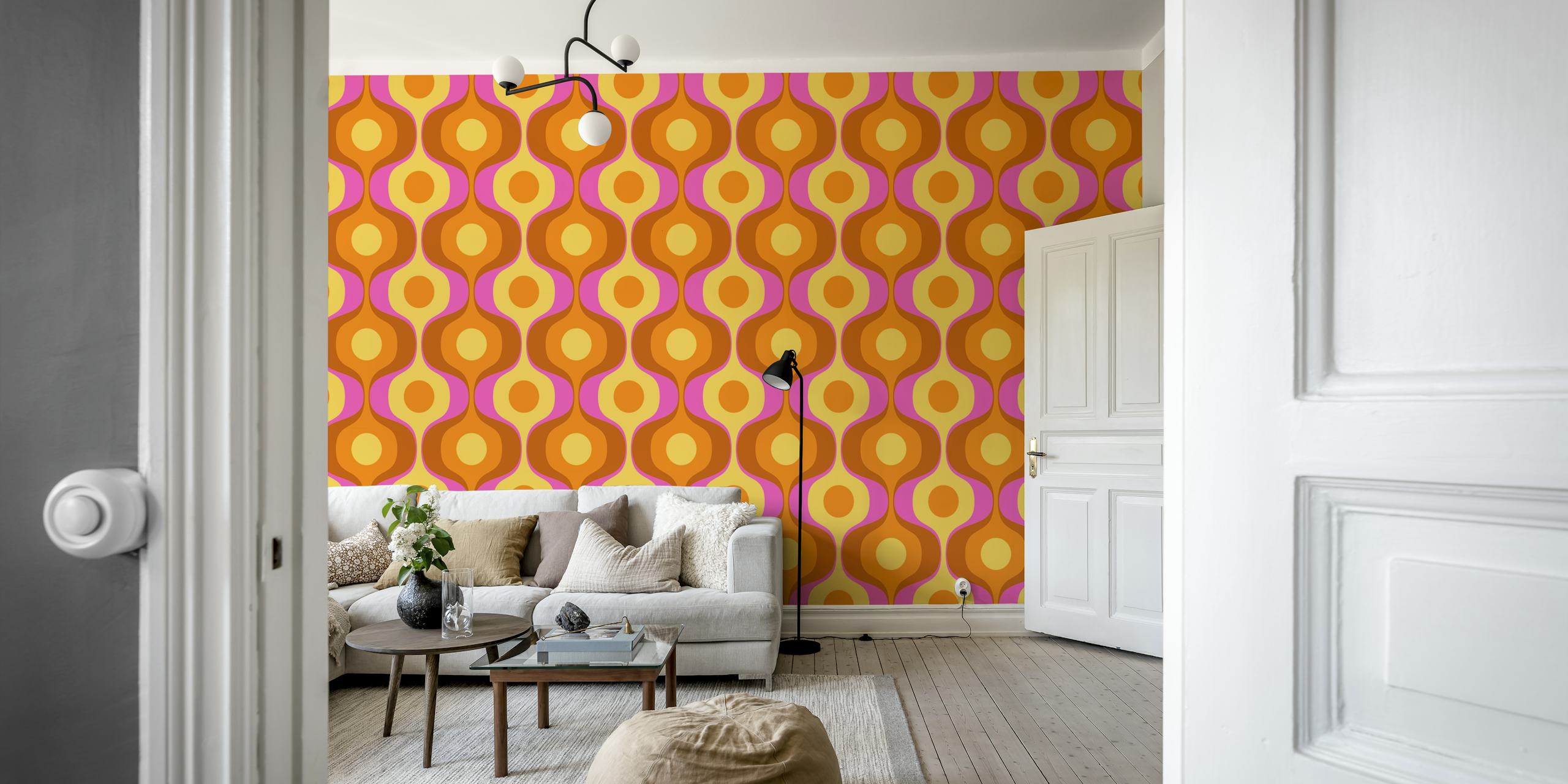 Yellow mid-century curvy flow wallpaper design