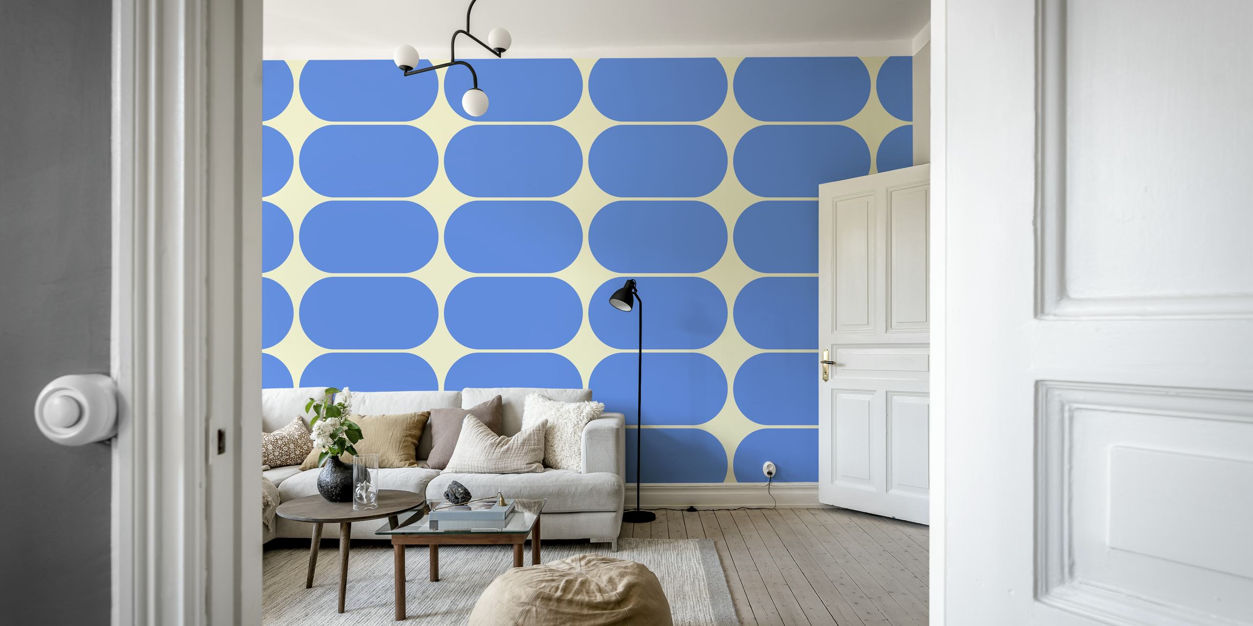Papier peint mural à motif abstrait en forme de galet bleu et beige inspiré du milieu du siècle