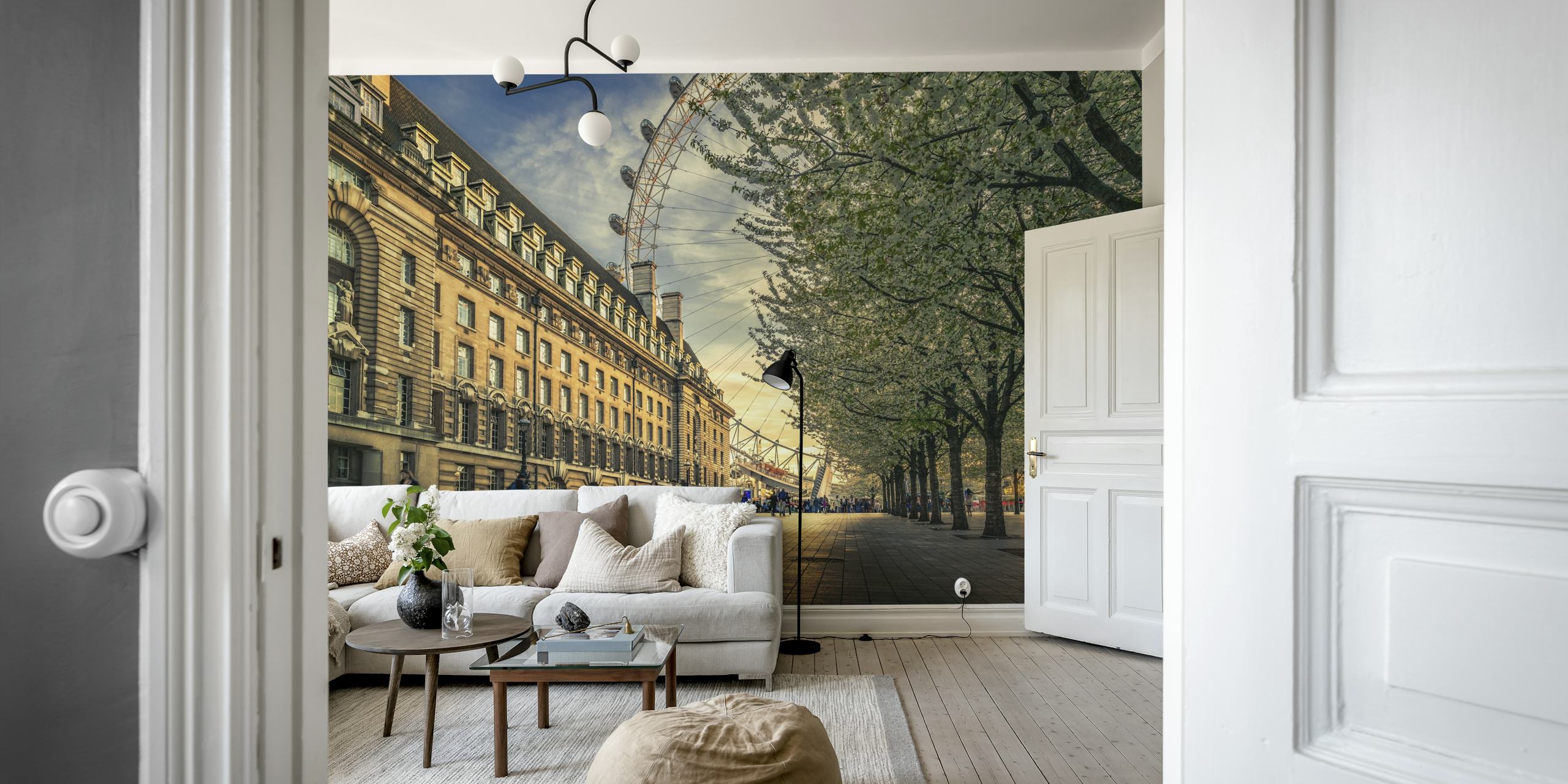 Warm sunset over London Eye with blossoming trees wall mural